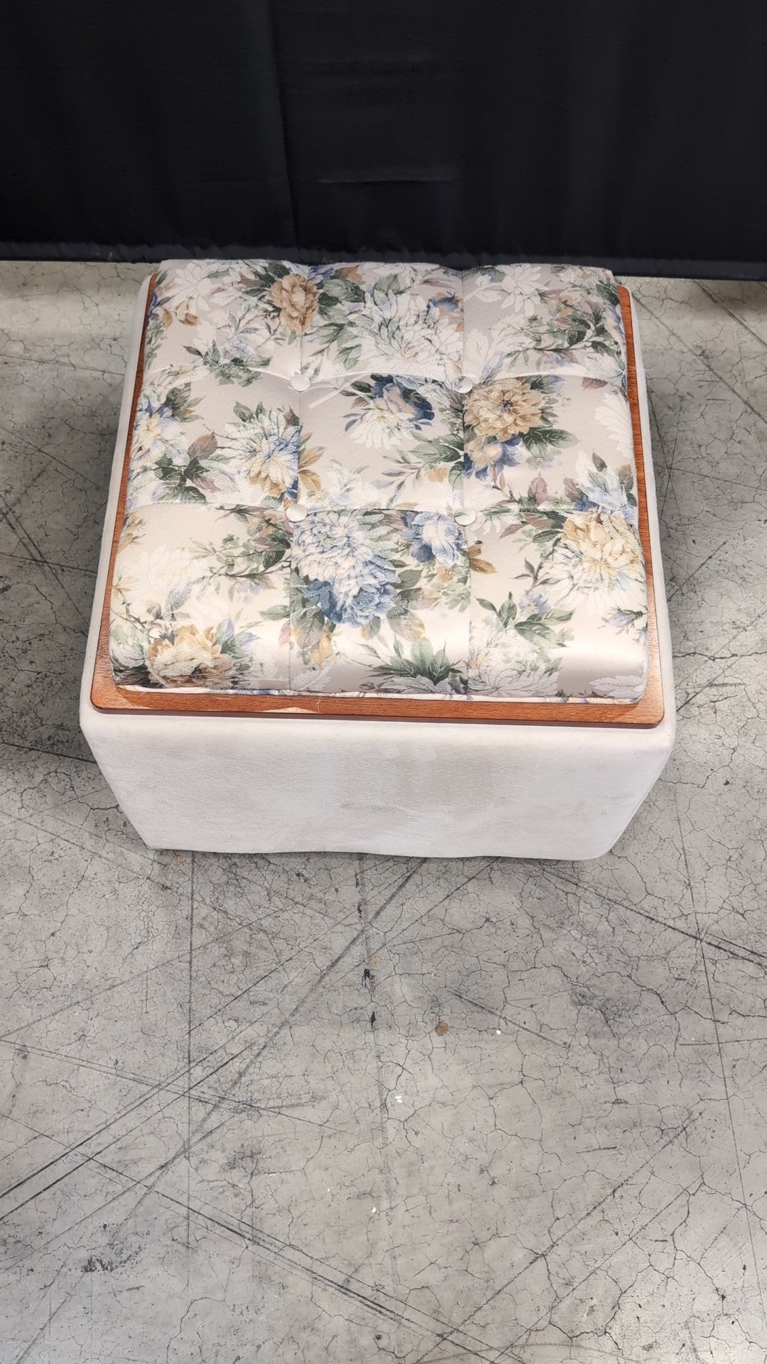 Cream Upholstered Storage Ottoman with Floral Cushion