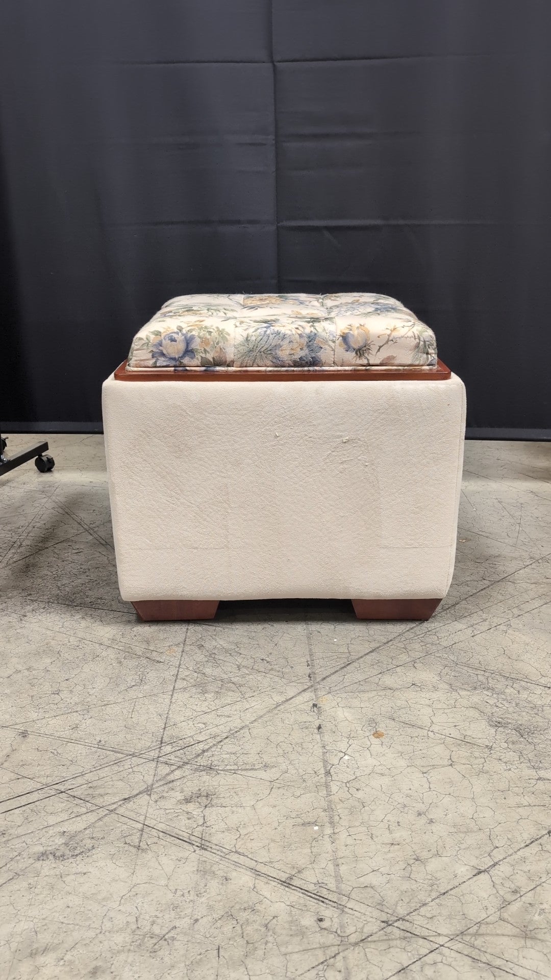 Cream Upholstered Storage Ottoman with Floral Cushion