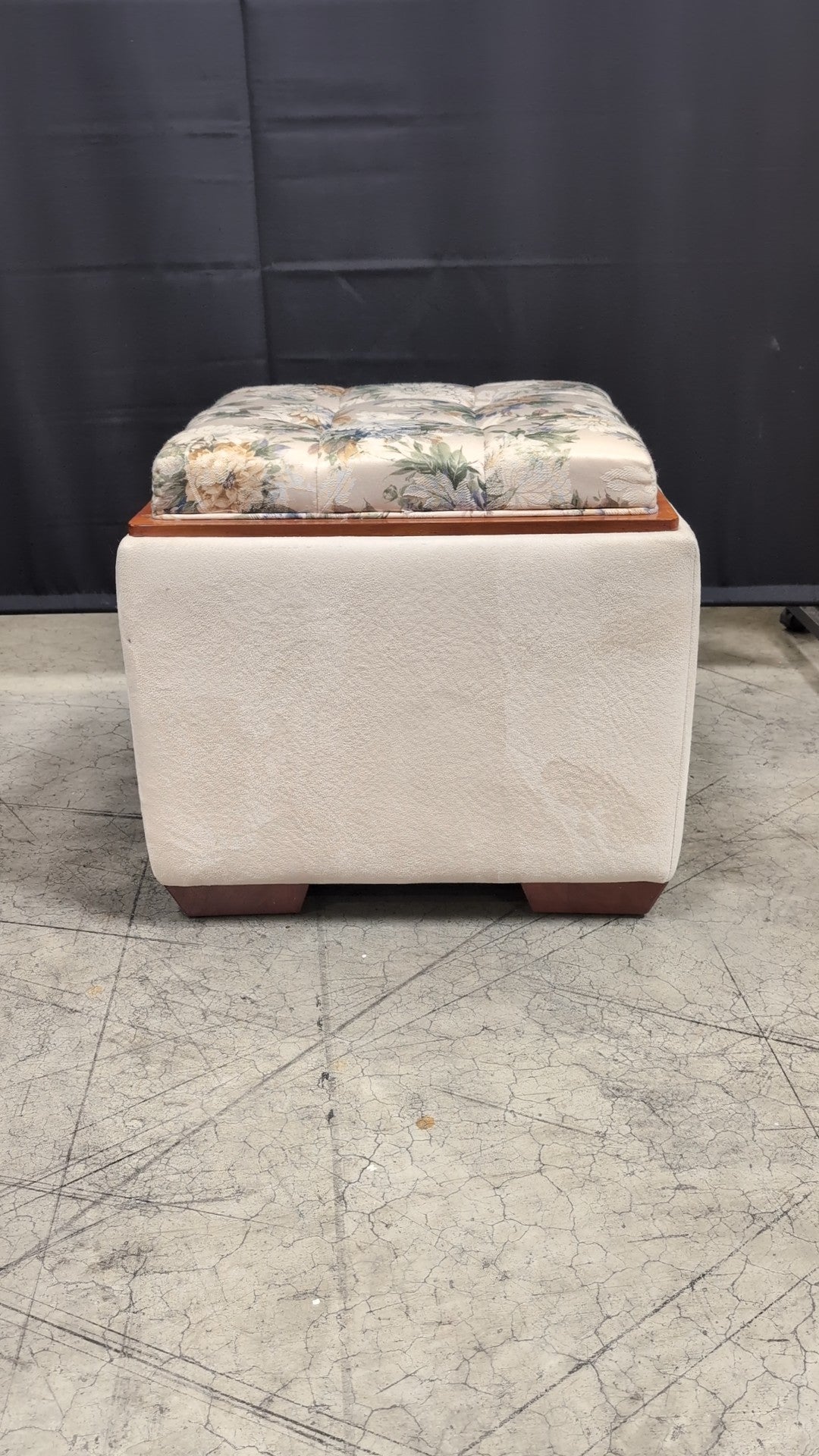 Cream Upholstered Storage Ottoman with Floral Cushion