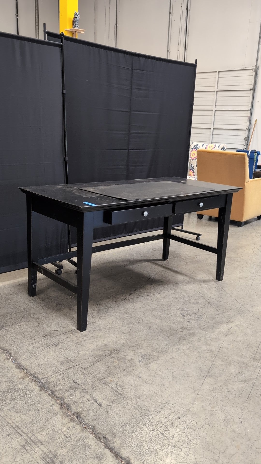 Black Wood Two-Drawer Desk with White Knobs