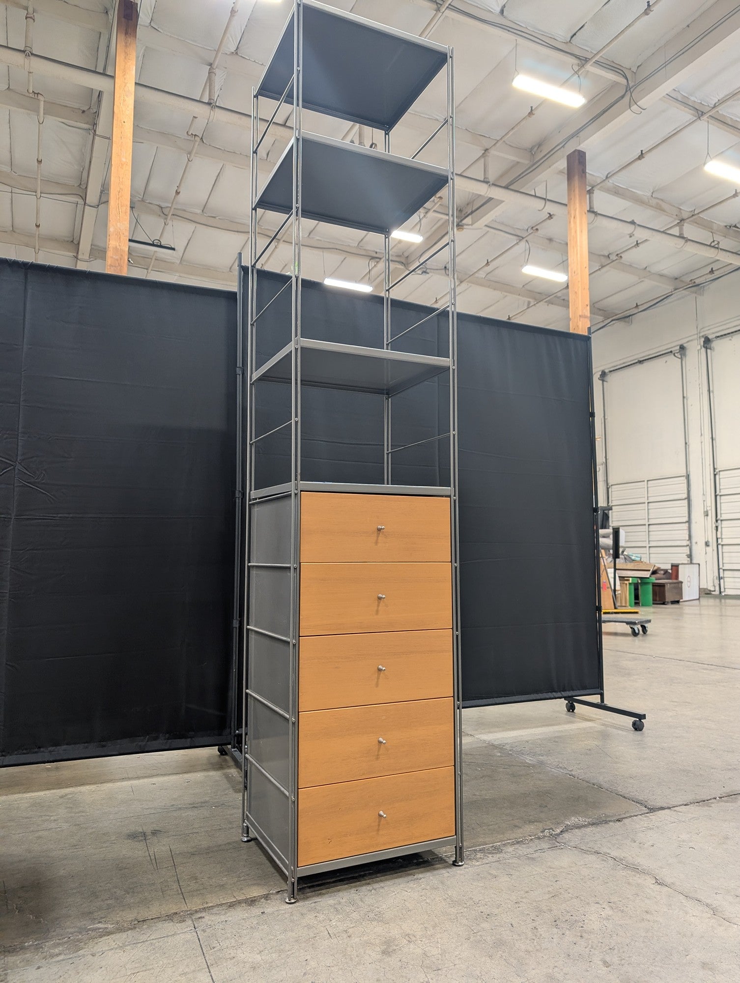 Tall Metal and Wood-Tone Five-Drawer Storage Unit