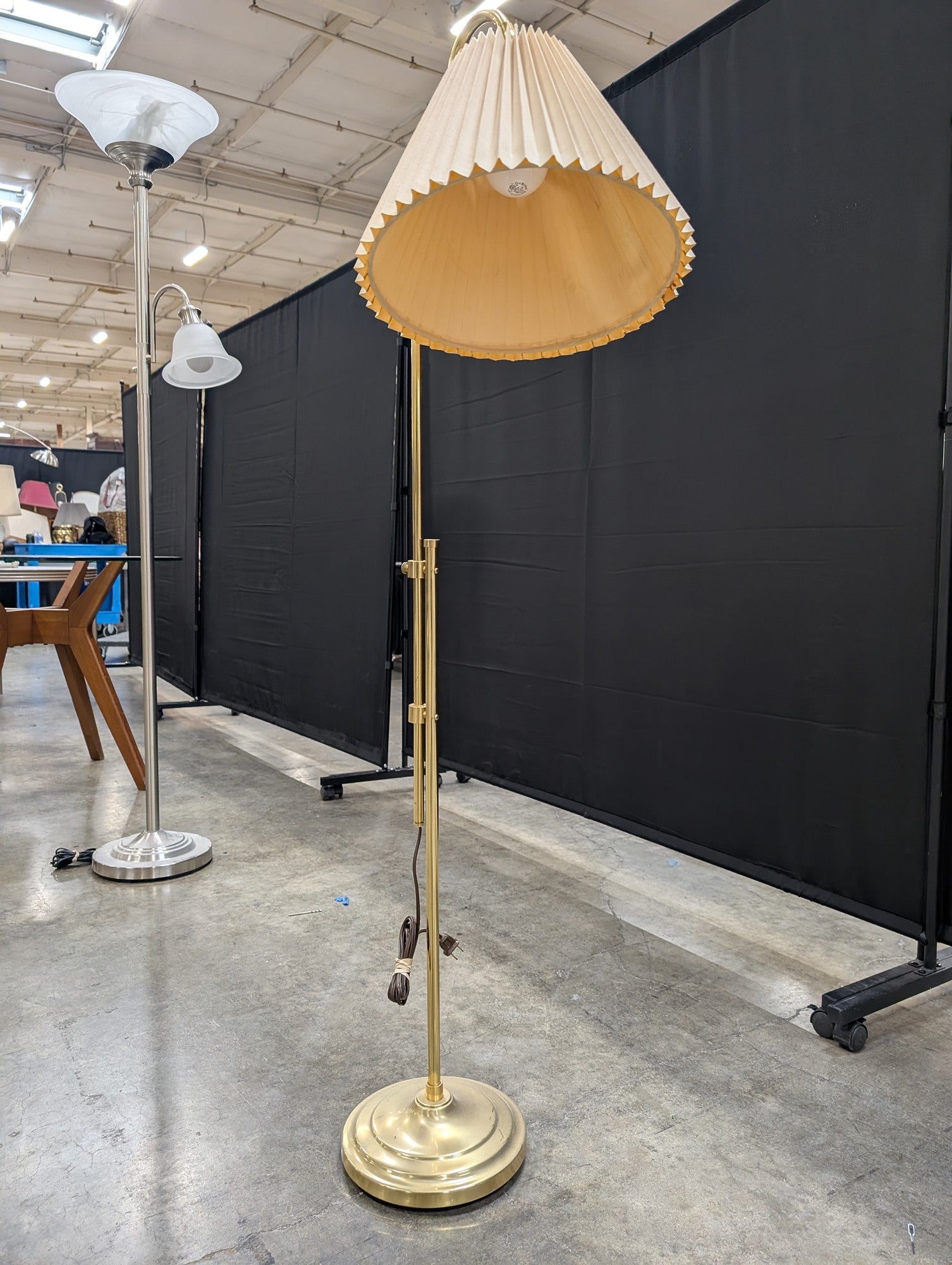 Adjustable Brass Floor Lamp with Pleated Shade