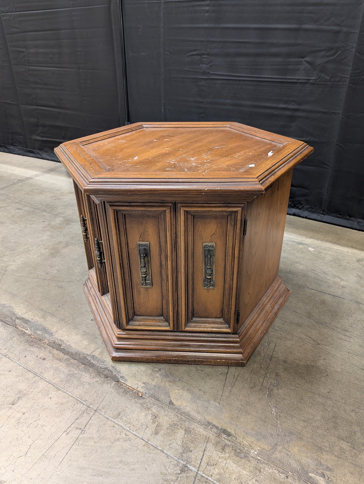 Hexagonal Wood End Table with Cabinet Doors