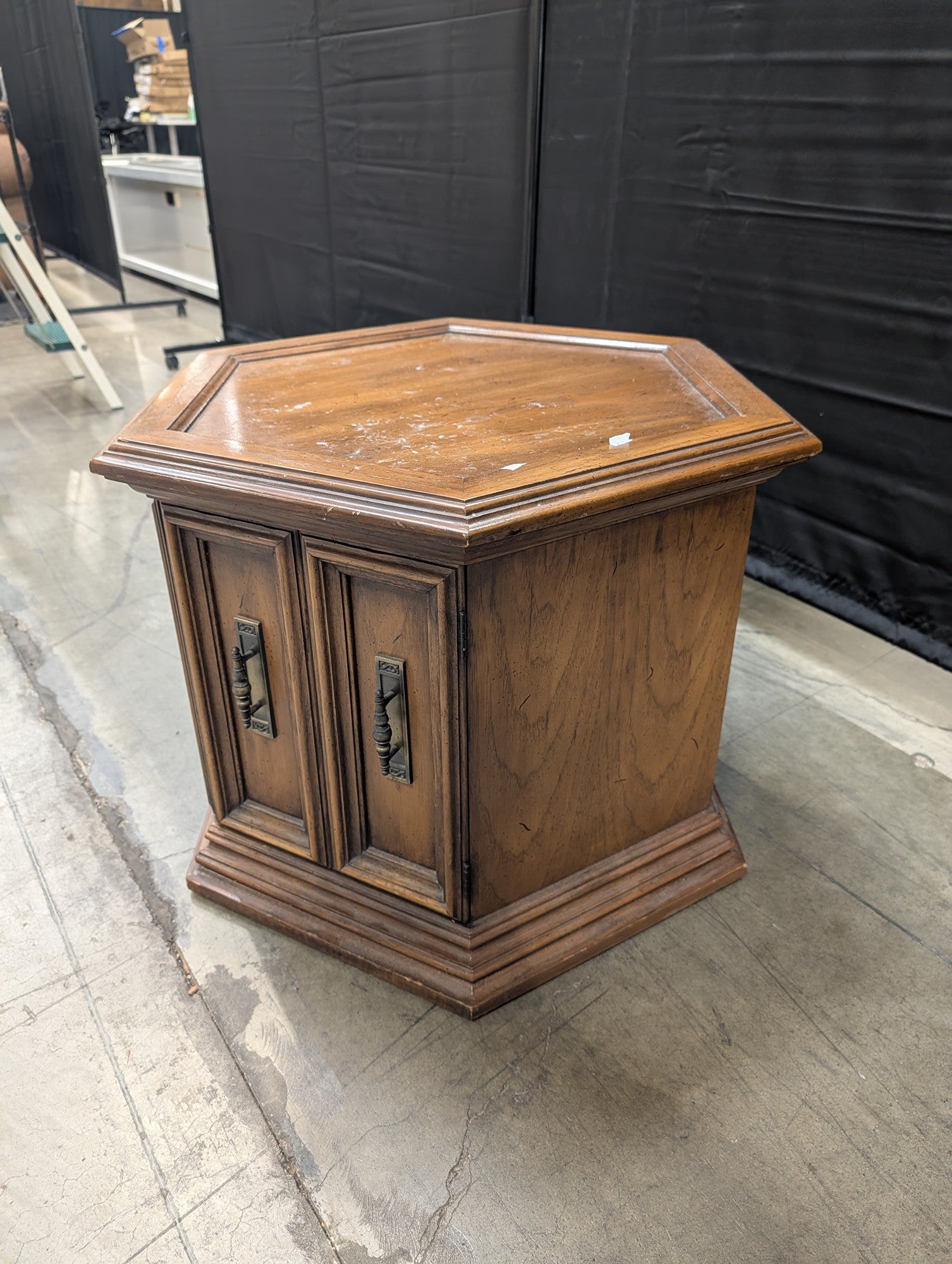 Hexagonal Wood End Table with Cabinet Doors