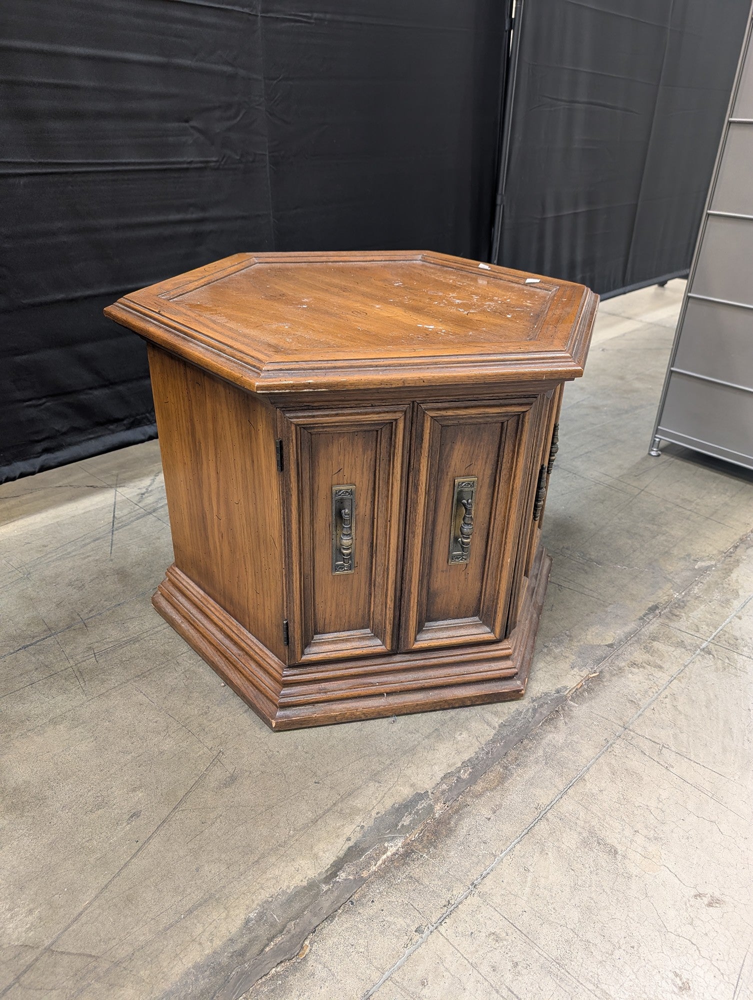 Hexagonal Wood End Table with Cabinet Doors