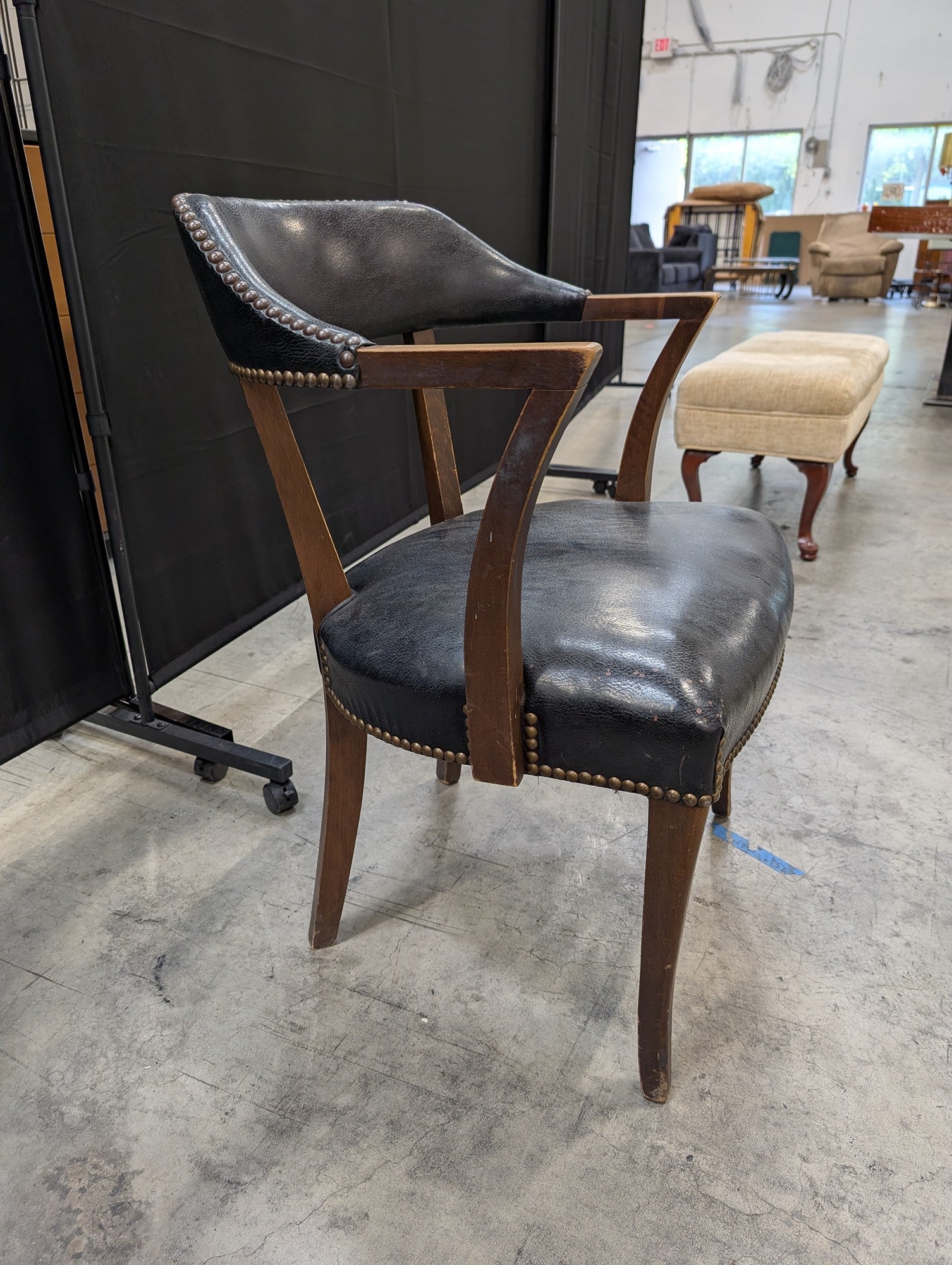 Dark Wood Frame Black Upholstered Armchair with Nailhead Trim
