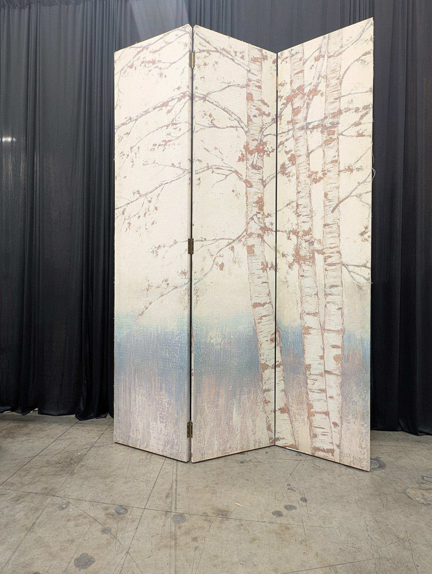 Three-Panel Birch Tree Room Divider with Painted Motif