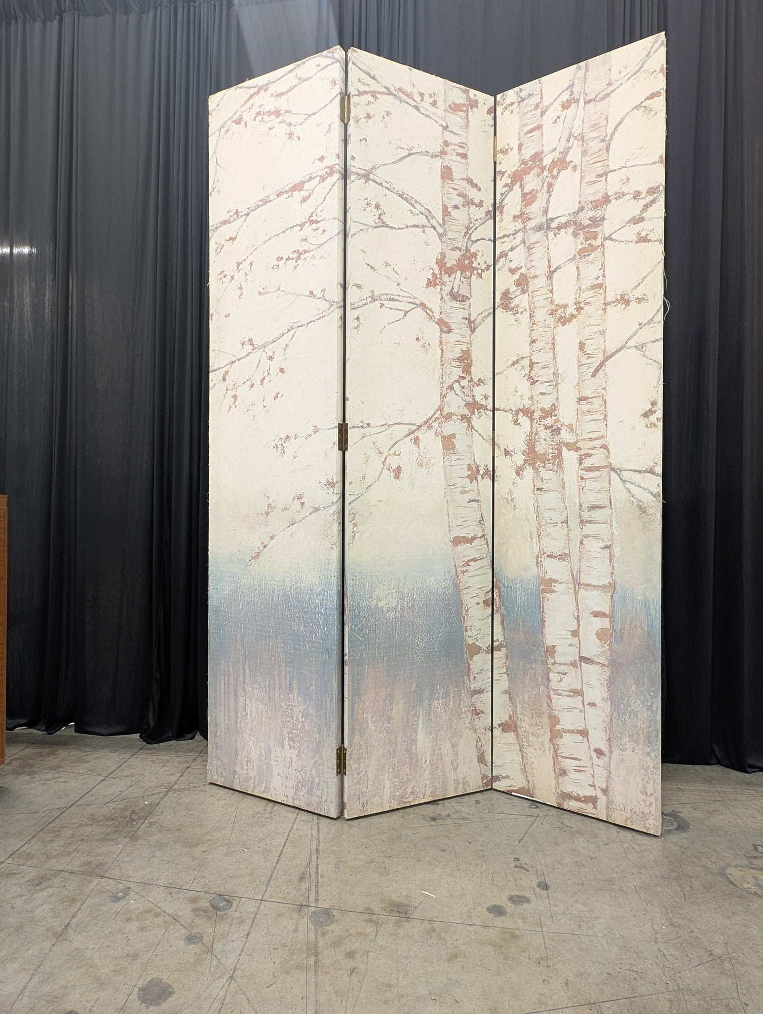 Three-Panel Birch Tree Room Divider with Painted Motif