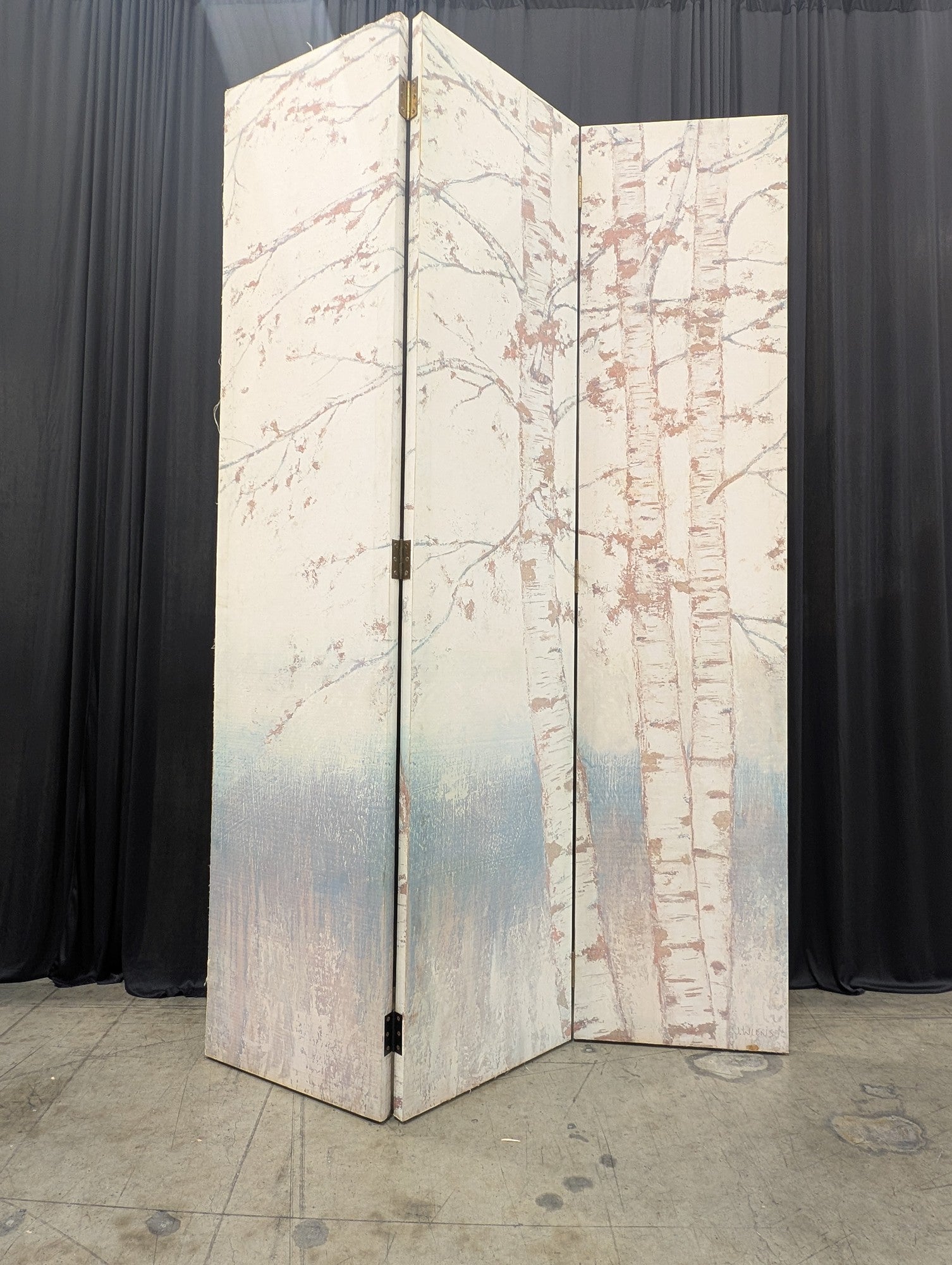 Three-Panel Birch Tree Room Divider with Painted Motif