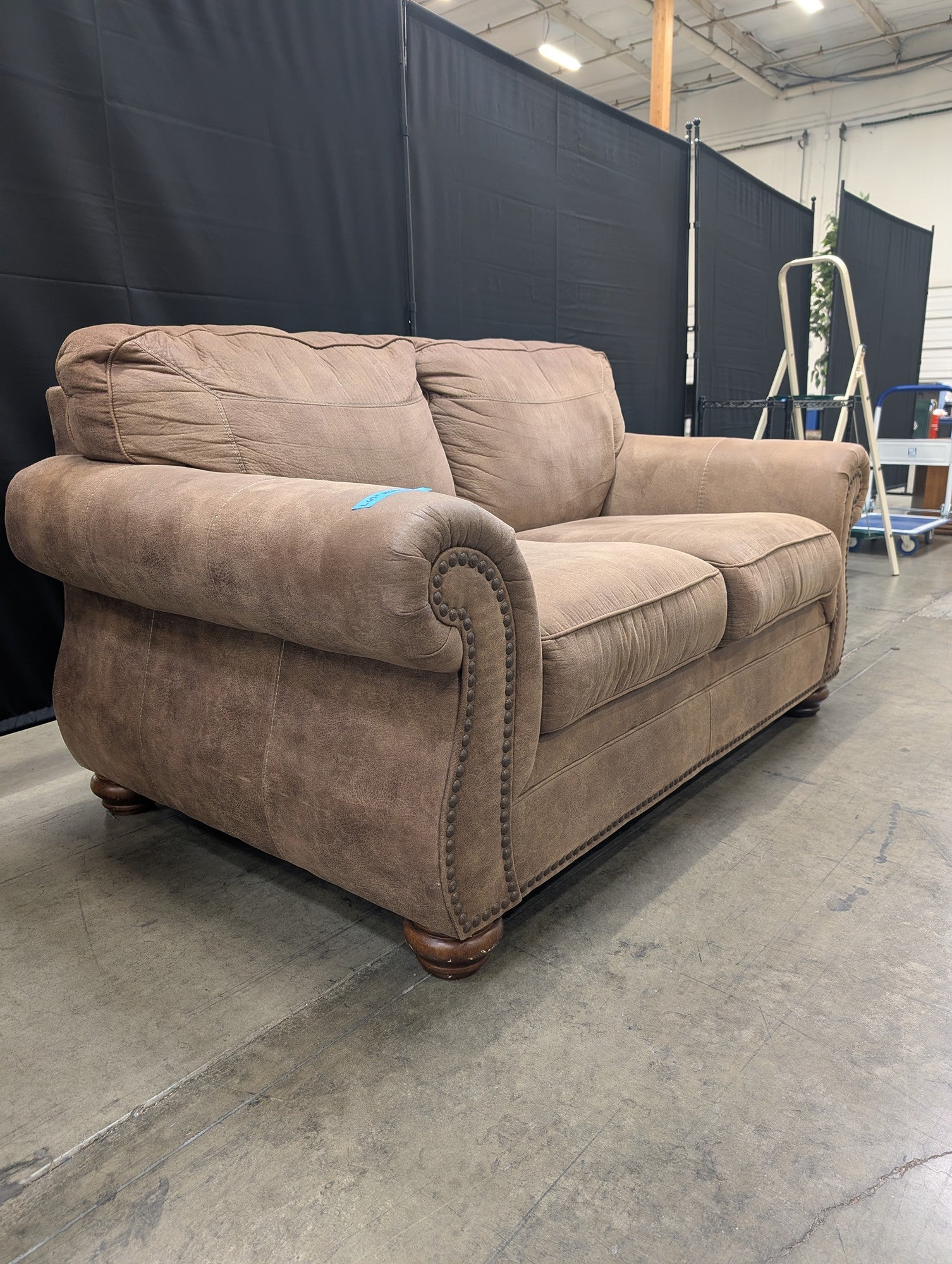 Brown Polyester Upholstered Rolled Arm Loveseat