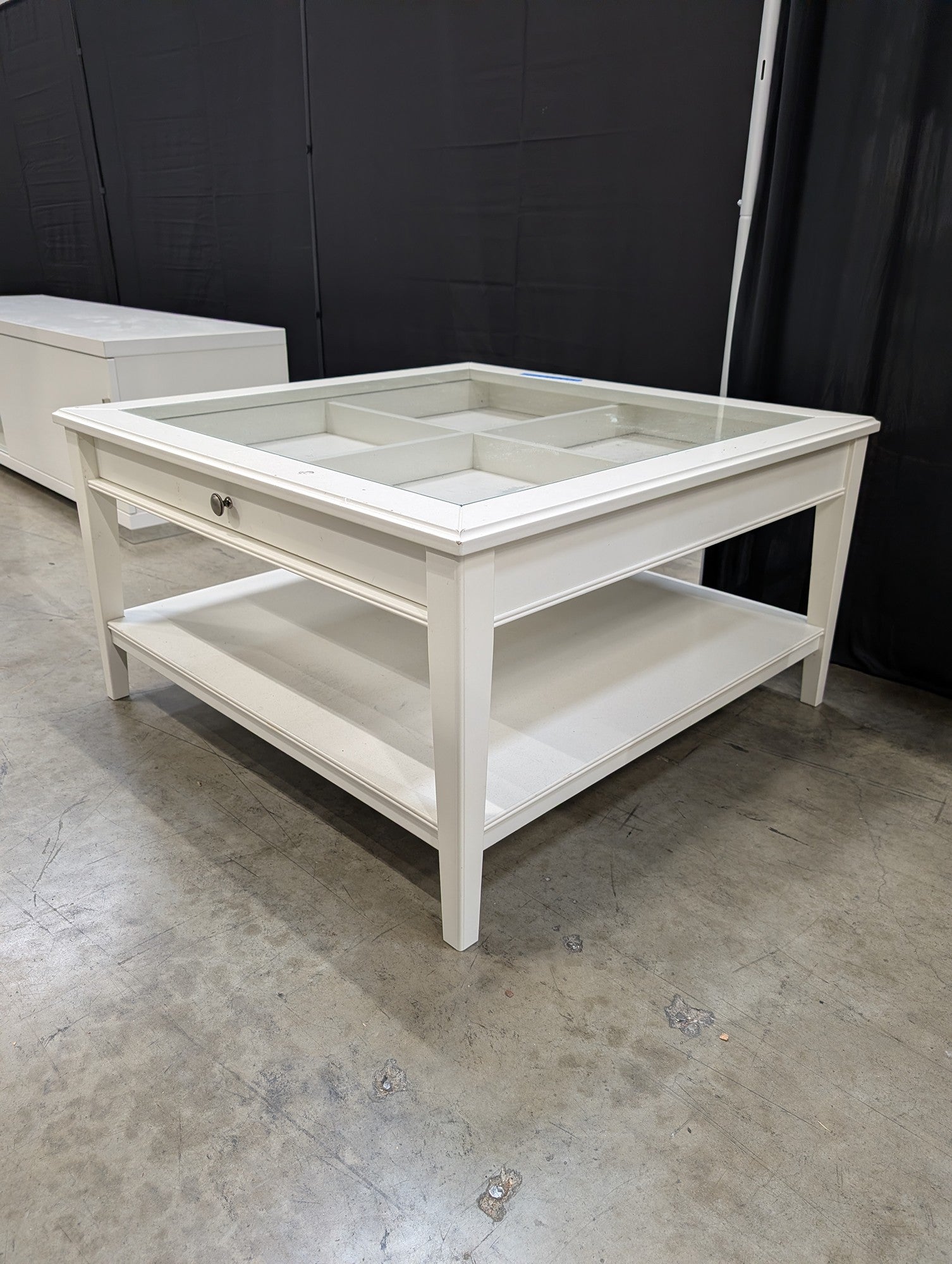 White Wood Square Coffee Table with Glass Display Top