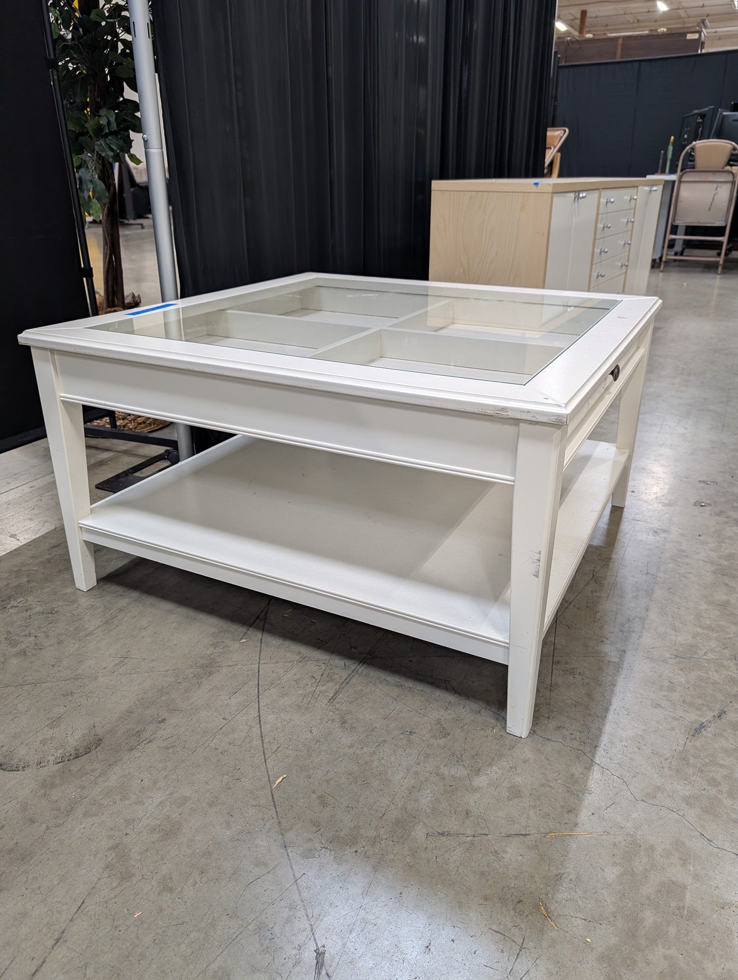 White Wood Square Coffee Table with Glass Display Top