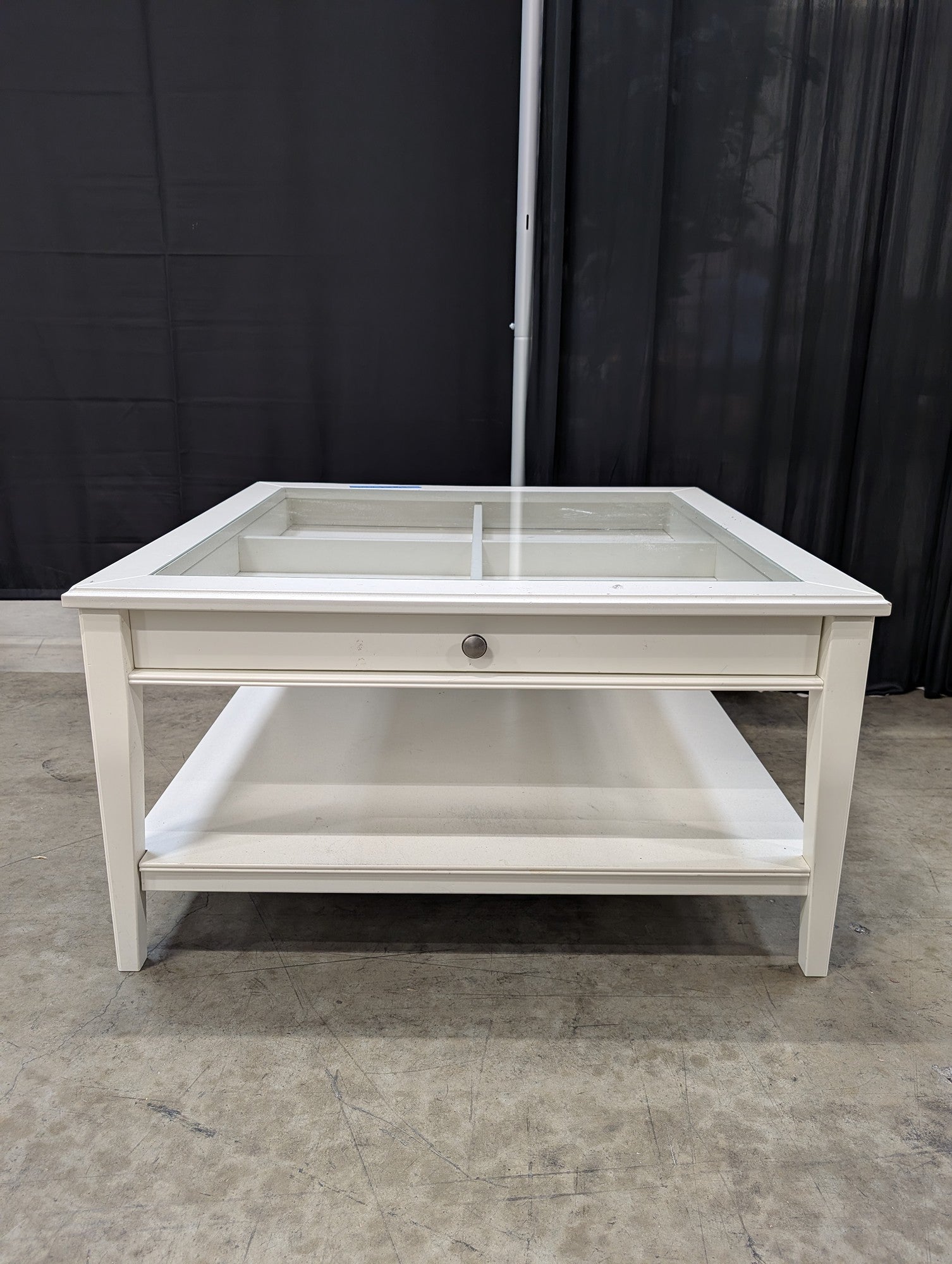 White Wood Square Coffee Table with Glass Display Top