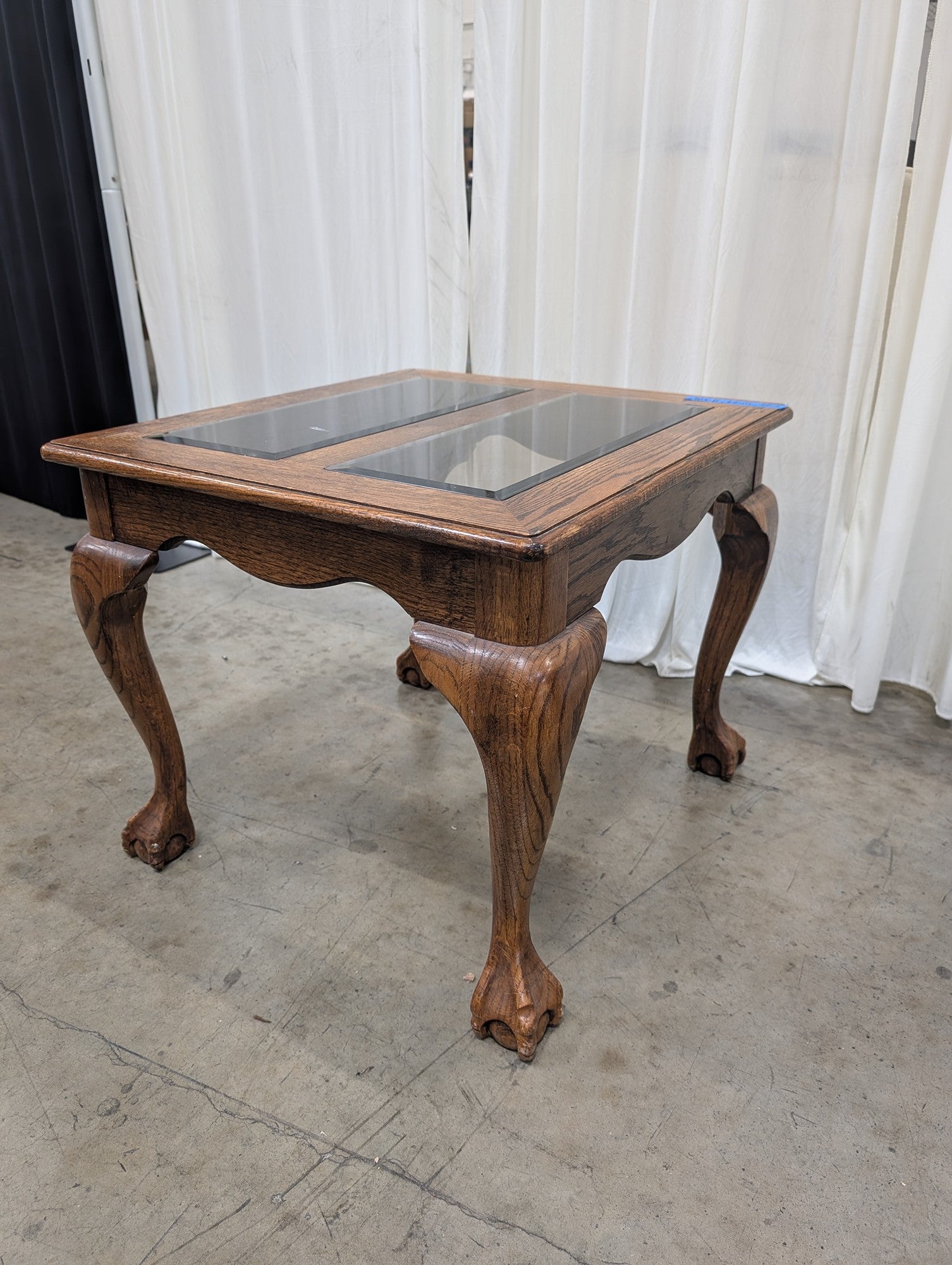Traditional Oak Glass-Top End Table with Claw Feet