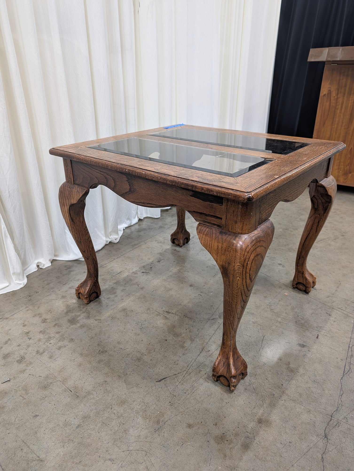 Traditional Oak Glass-Top End Table with Claw Feet