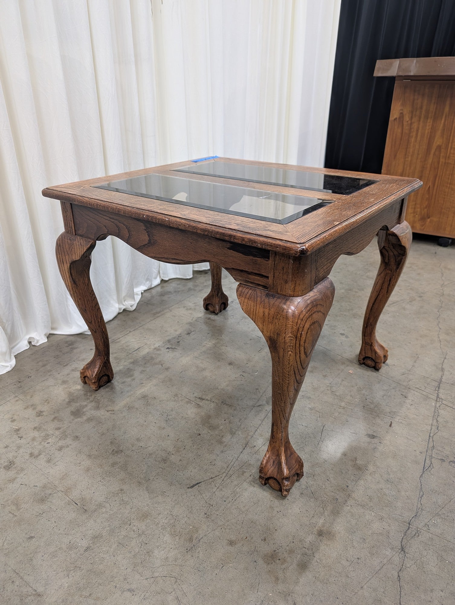 Traditional Oak Glass-Top End Table with Claw Feet