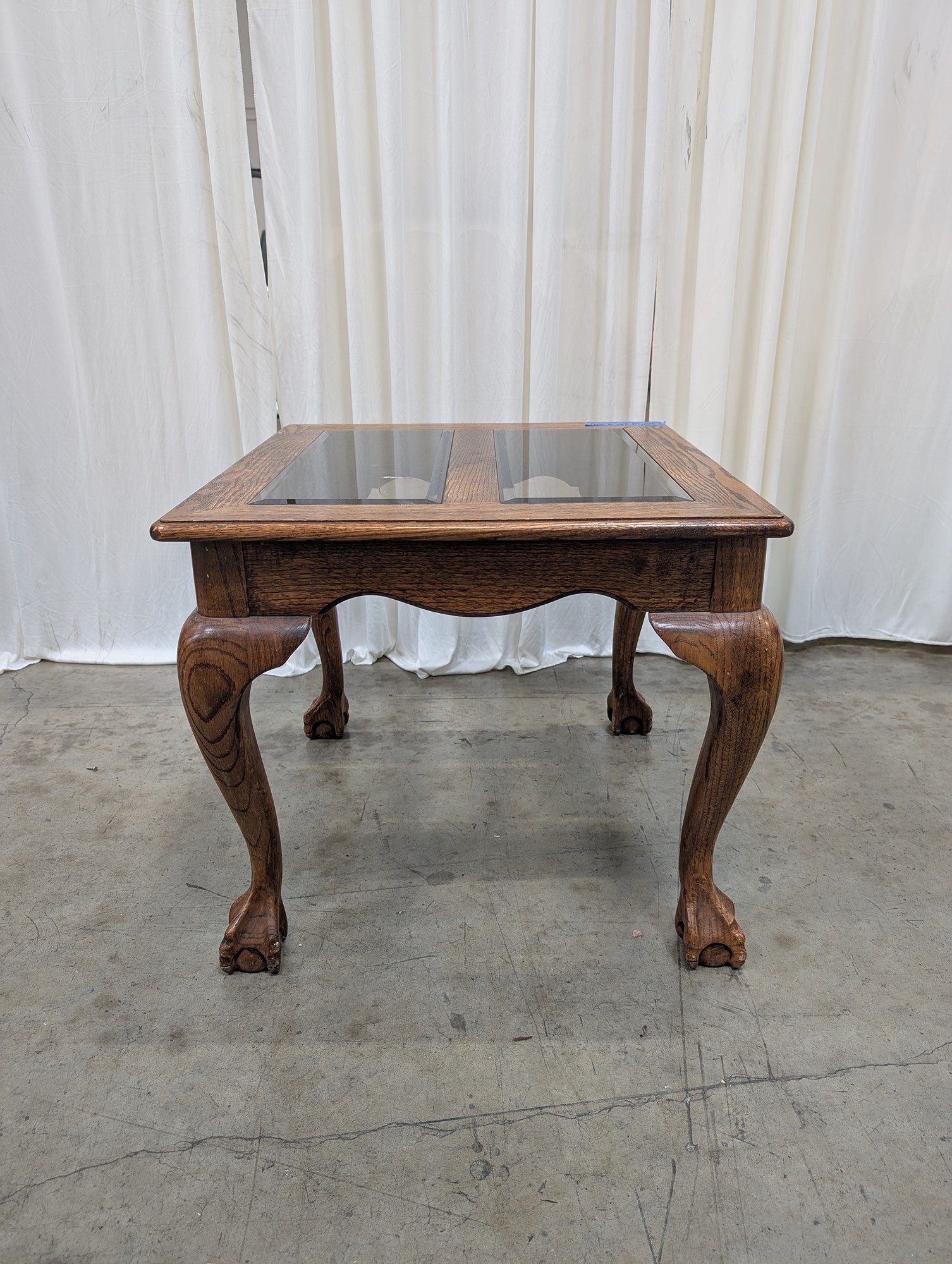 Traditional Oak Glass-Top End Table with Claw Feet