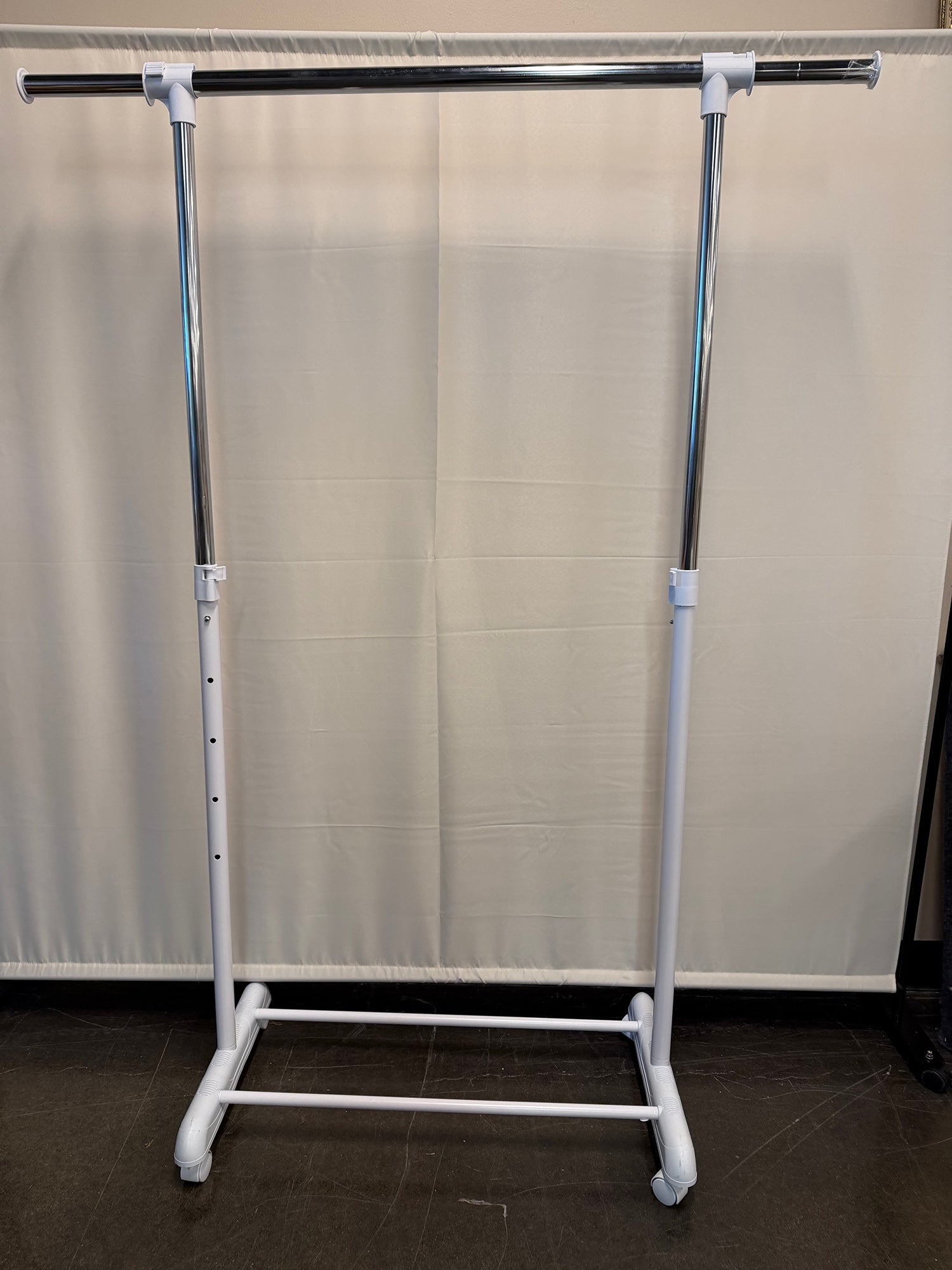 Chrome and White Rolling Garment Rack with Casters