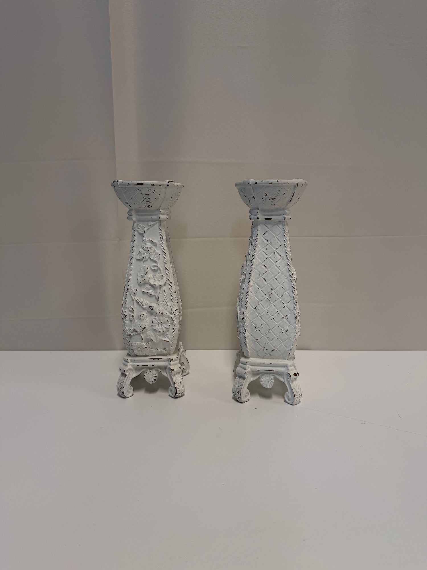 Pair of Chippy White Floral Candle Holders in Ceramic