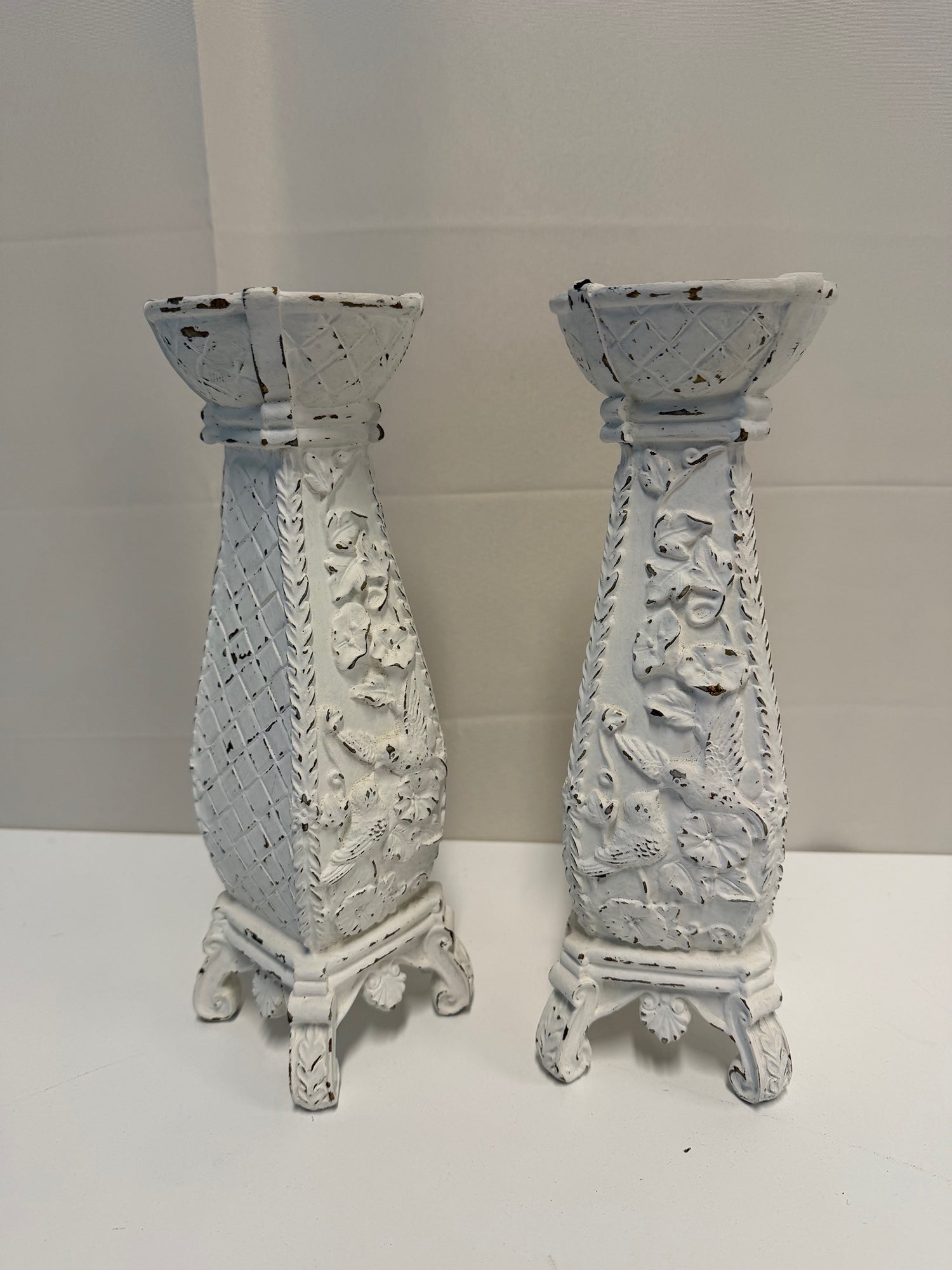 Pair of Chippy White Floral Candle Holders in Ceramic