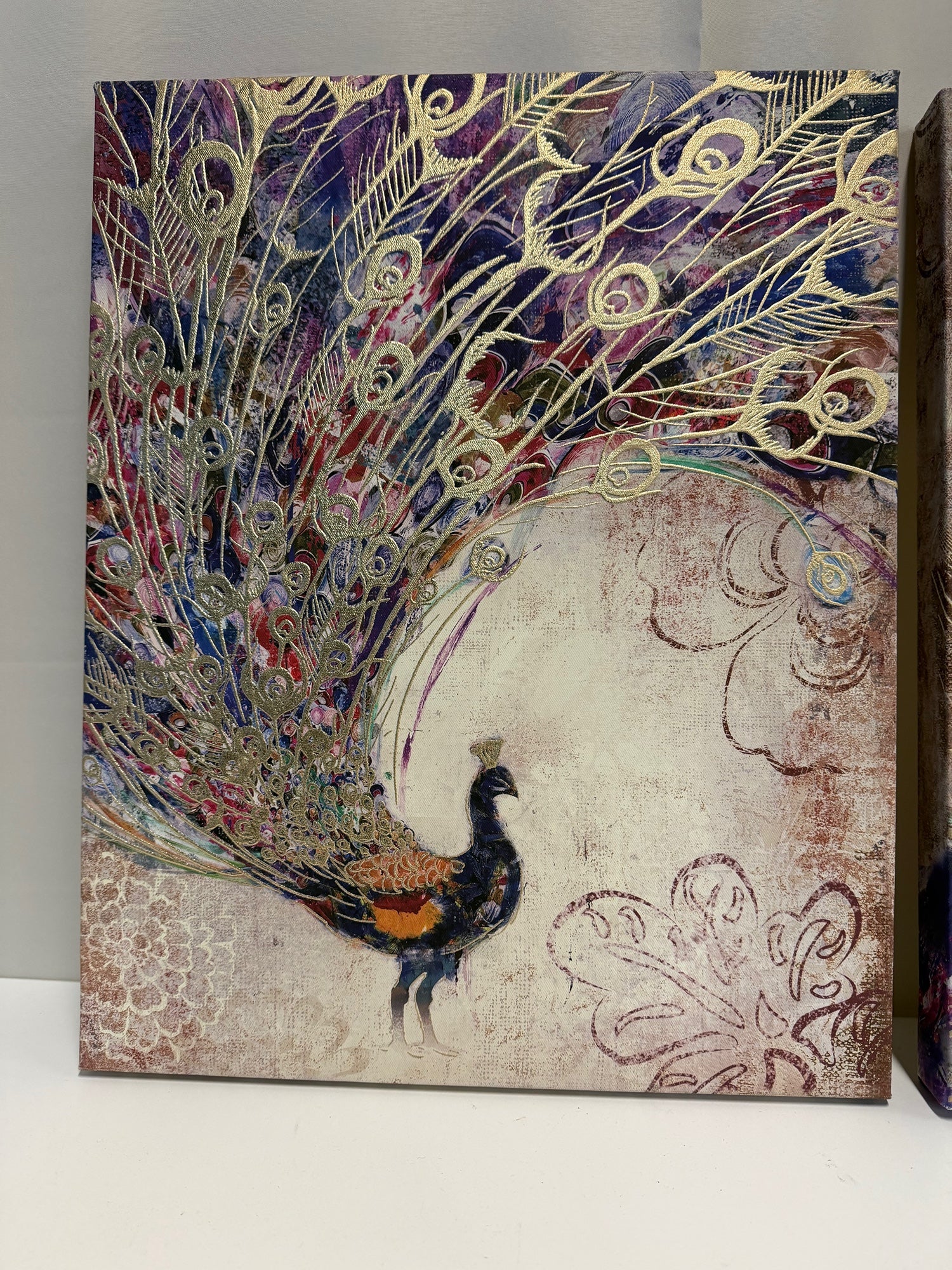 Pair of Peacock Canvas Wall Art with Gold Accents