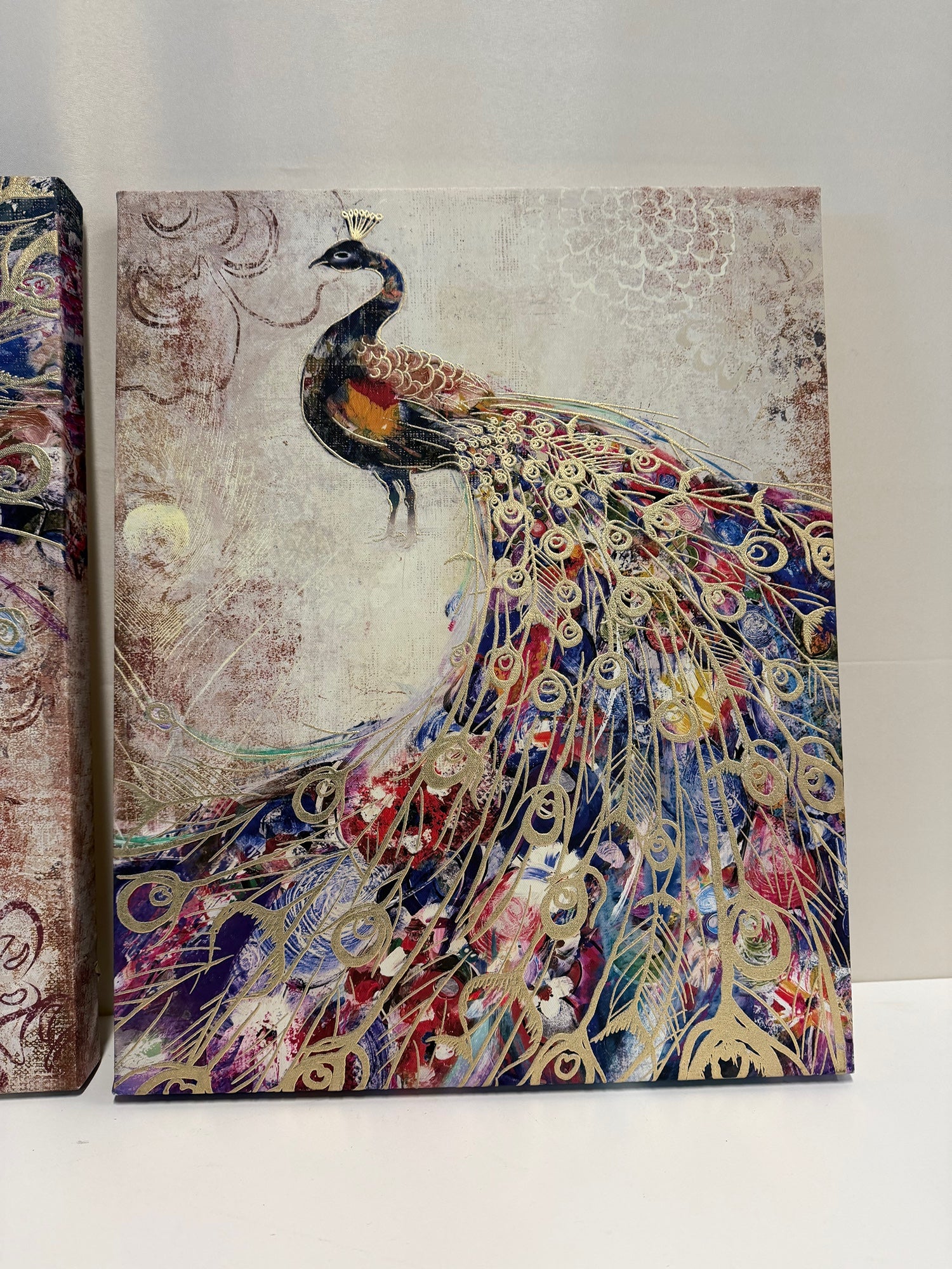 Pair of Peacock Canvas Wall Art with Gold Accents