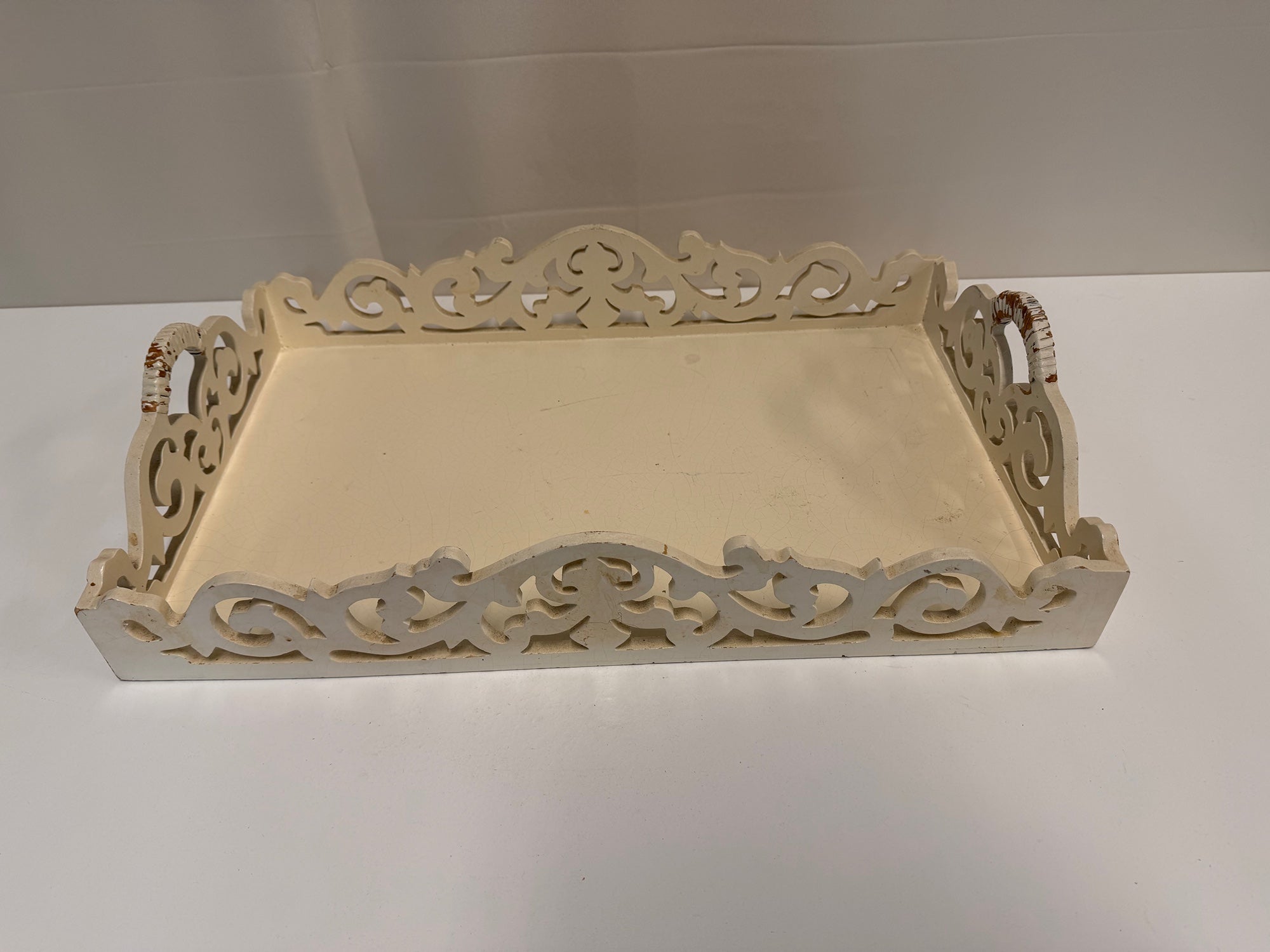 Cream Wood Scrollwork Tray with Wrapped Handles