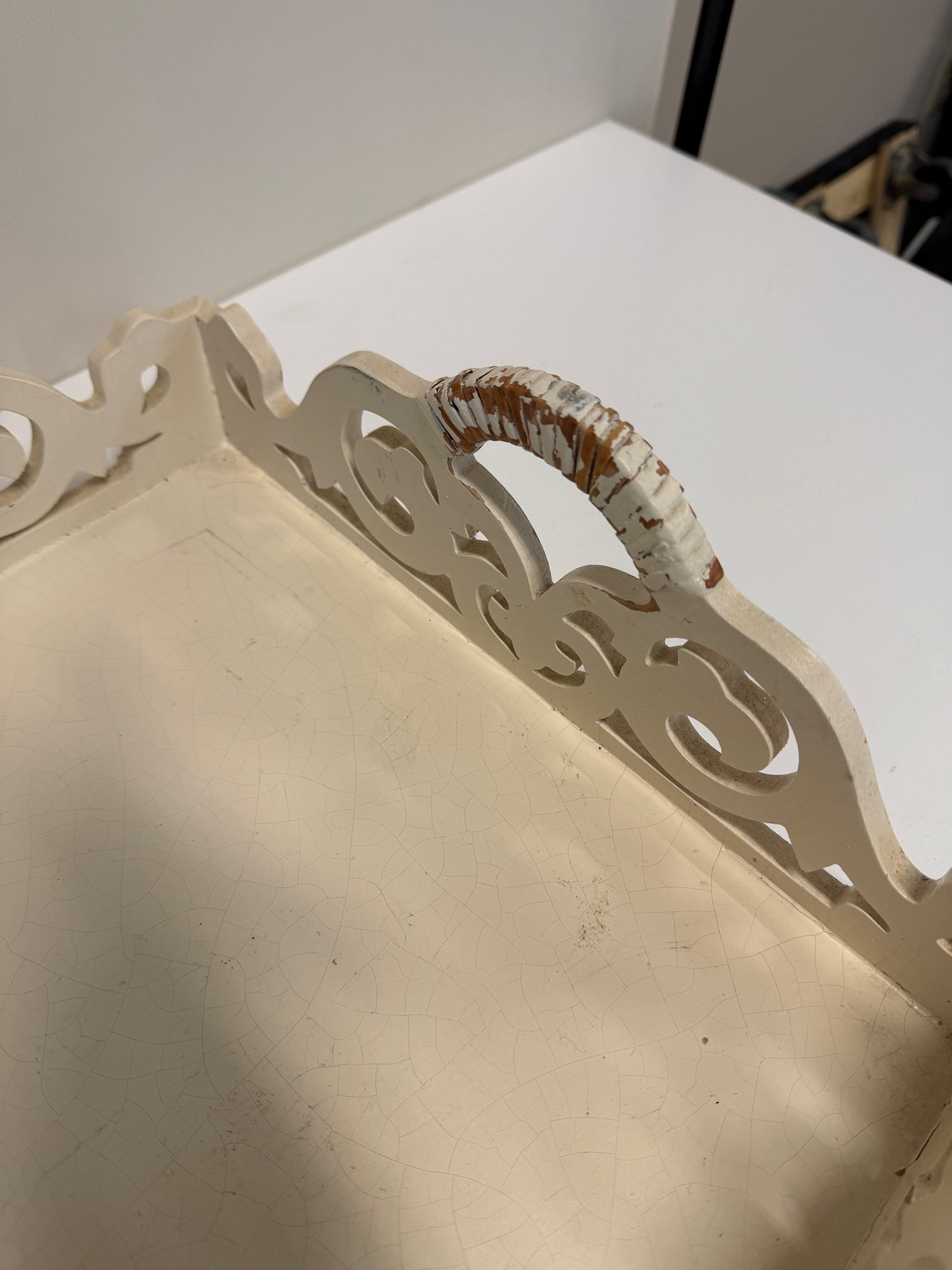 Cream Wood Scrollwork Tray with Wrapped Handles