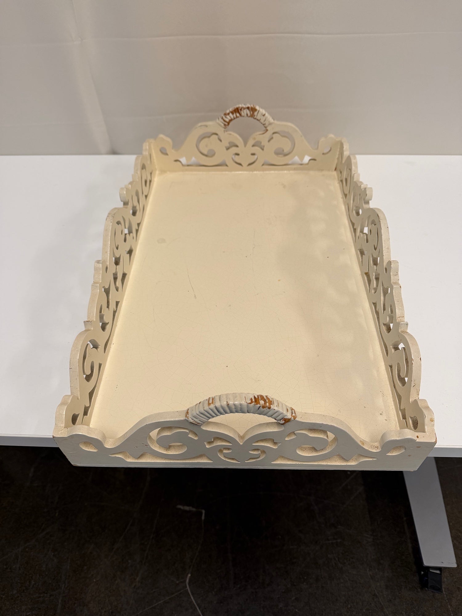 Cream Wood Scrollwork Tray with Wrapped Handles