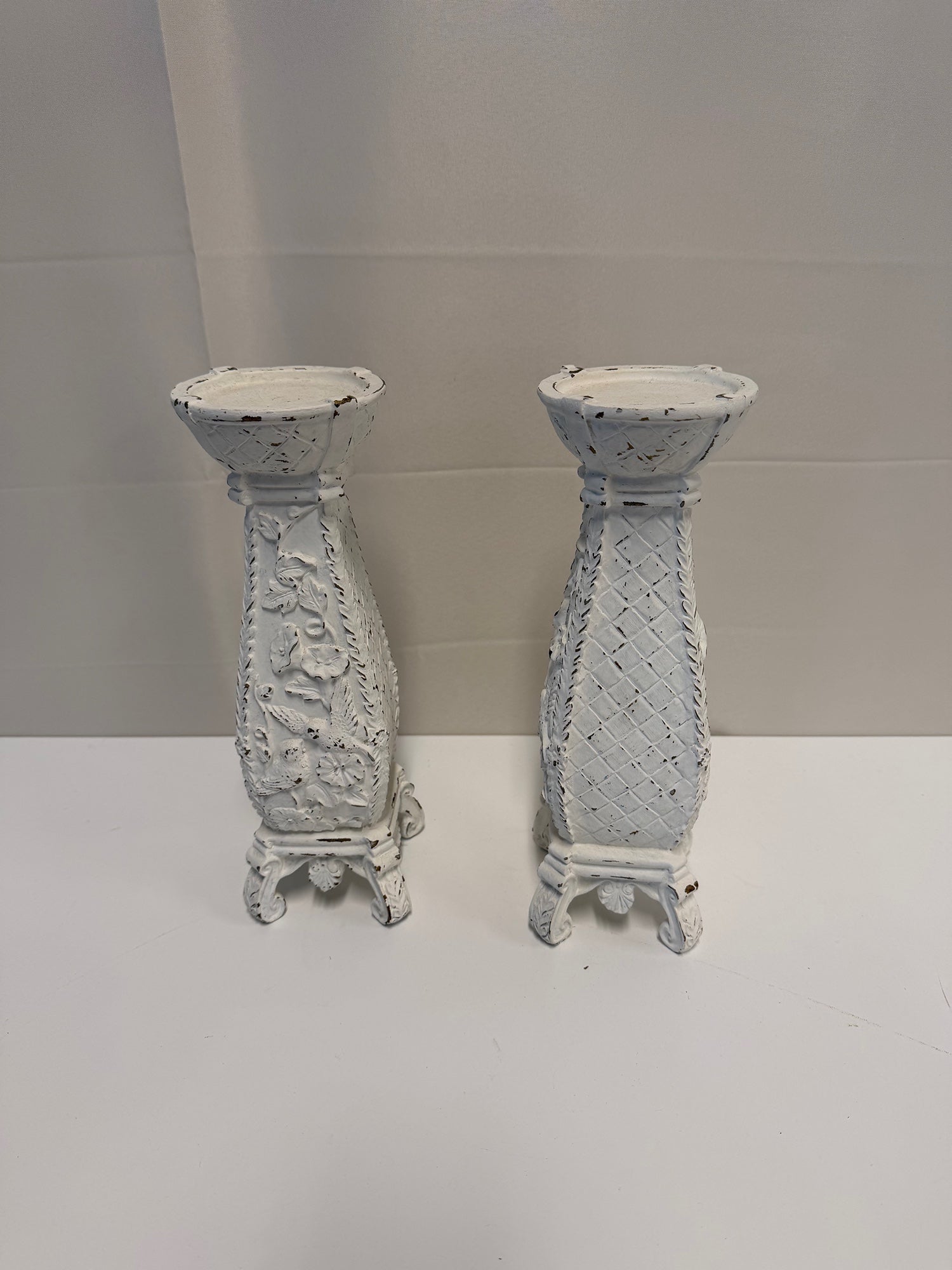 Pair of Chippy White Floral Candle Holders in Ceramic
