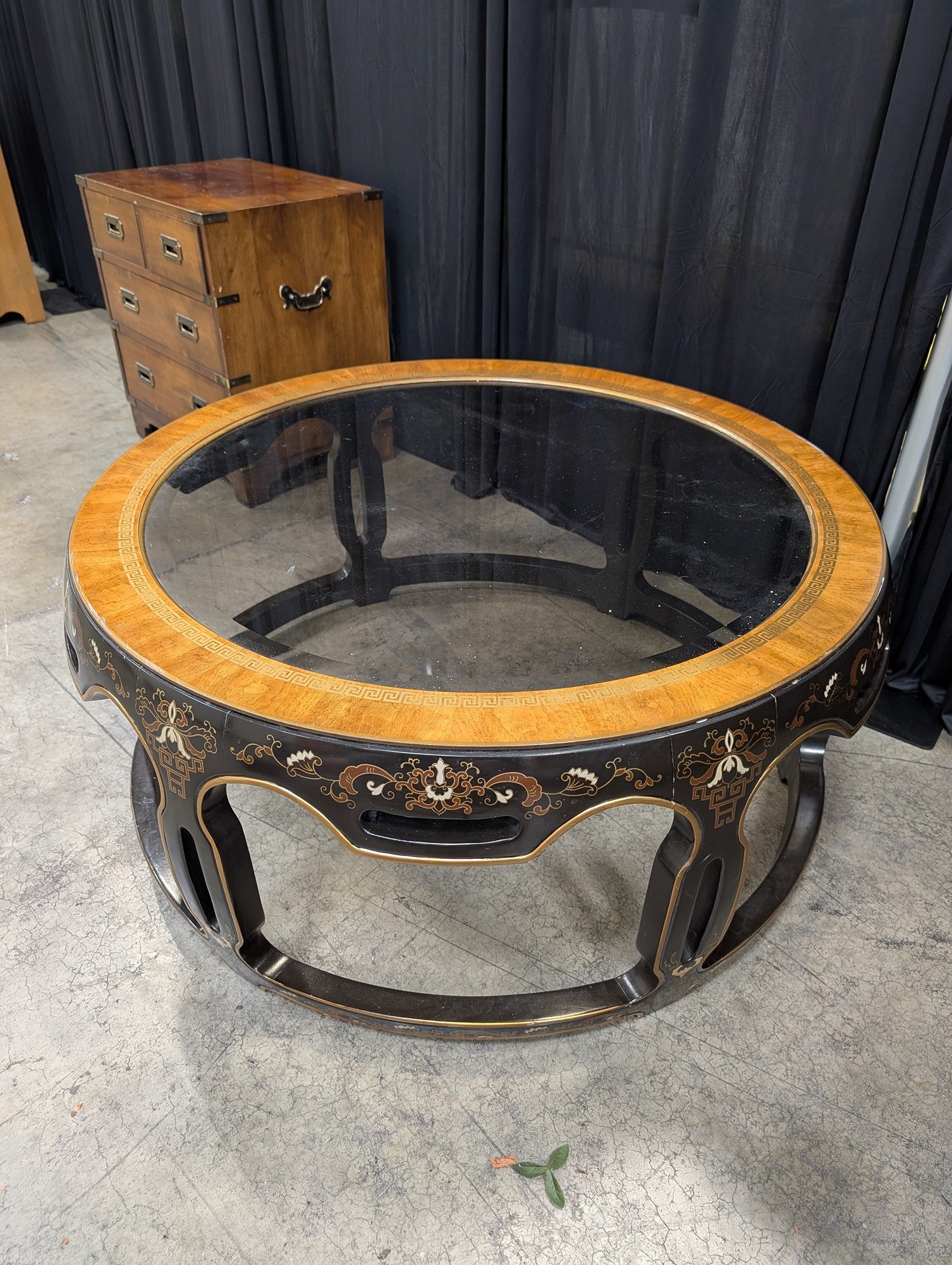 Ornate Black and Gold Round Coffee Table with Glass Top