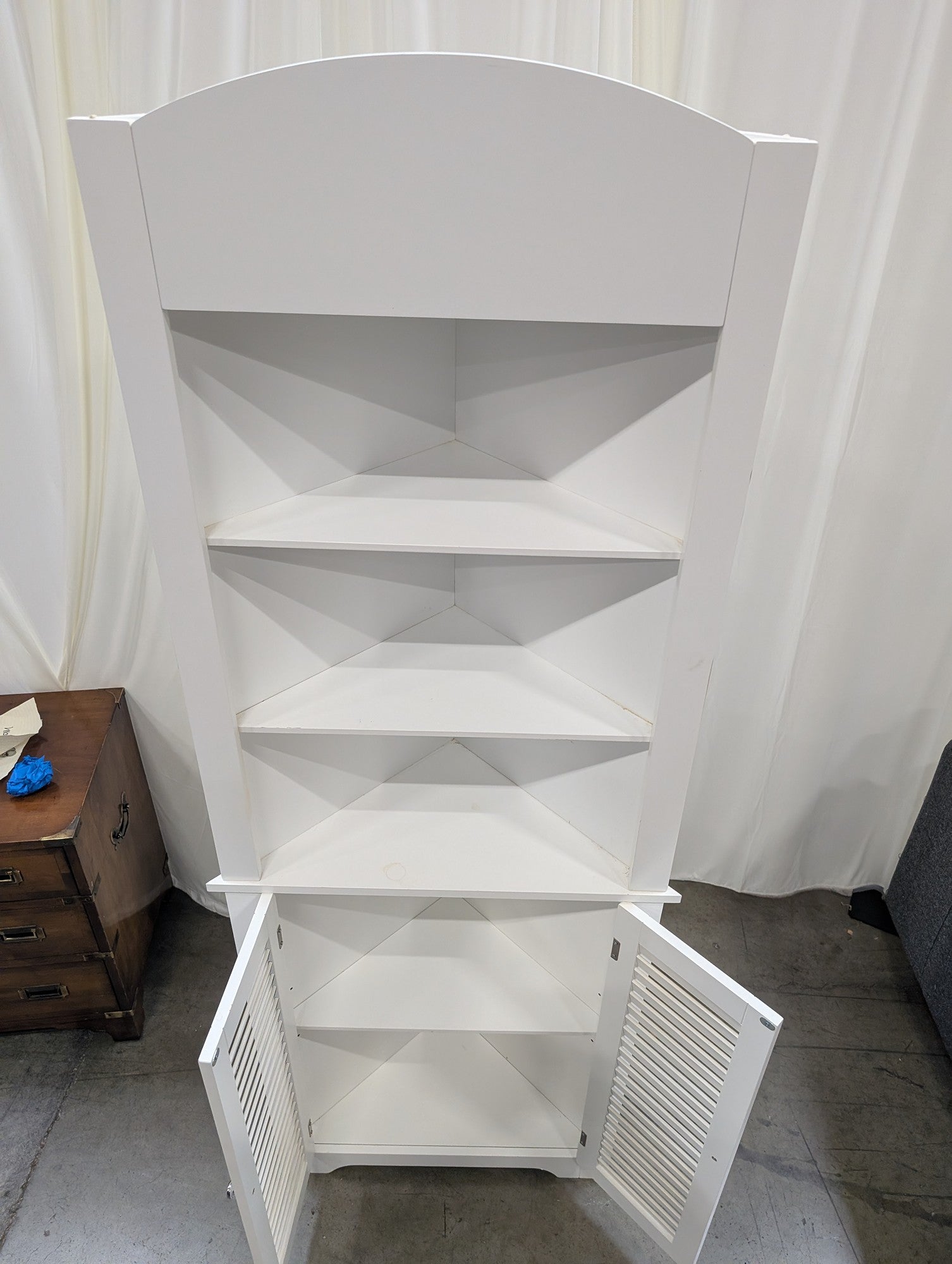 White Wood Corner Bookcase with Louvered Doors