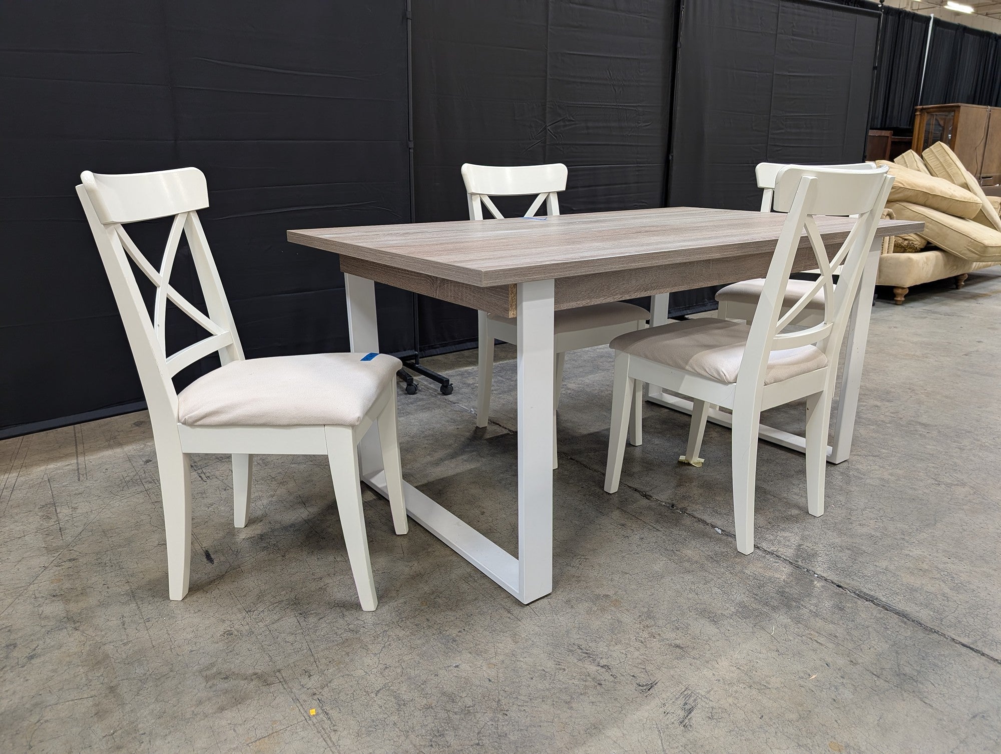 Ikea Light Wood Grain Top Dining Table with Four White Chairs