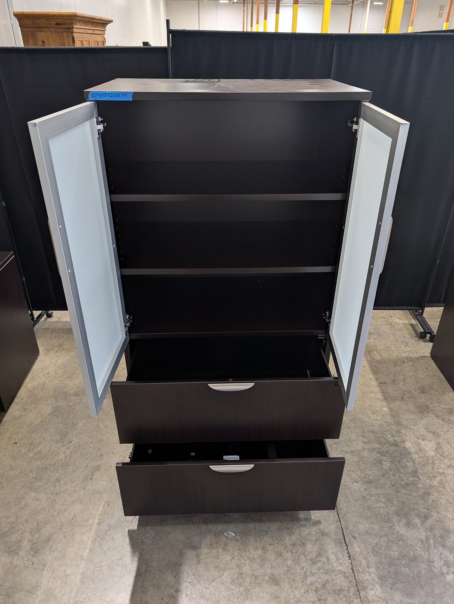Contemporary Dark Wood Storage Cabinet with Frosted Glass Doors