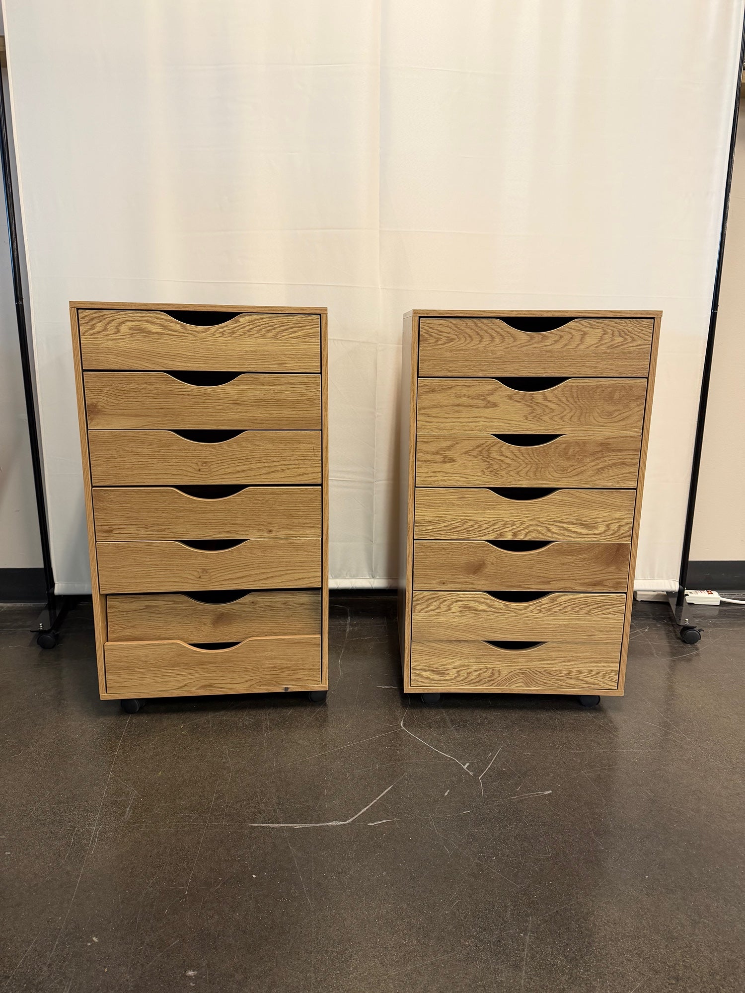 Pair of Light Wood Grain Seven Drawer Mobile Storage Cabinet with Casters