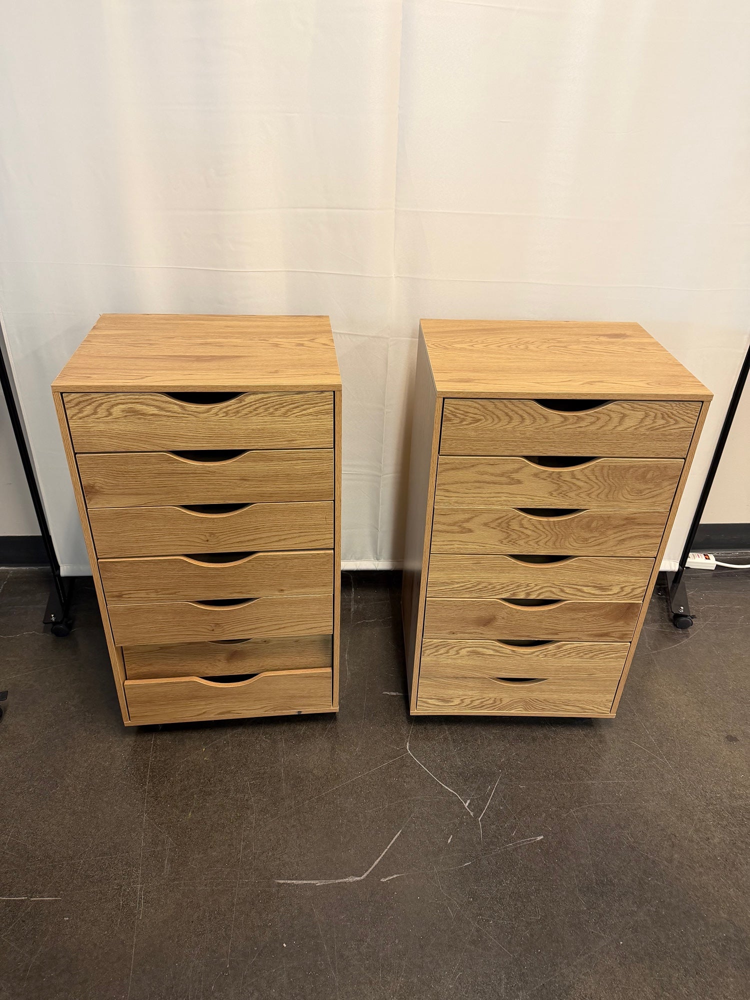 Pair of Light Wood Grain Seven Drawer Mobile Storage Cabinet with Casters