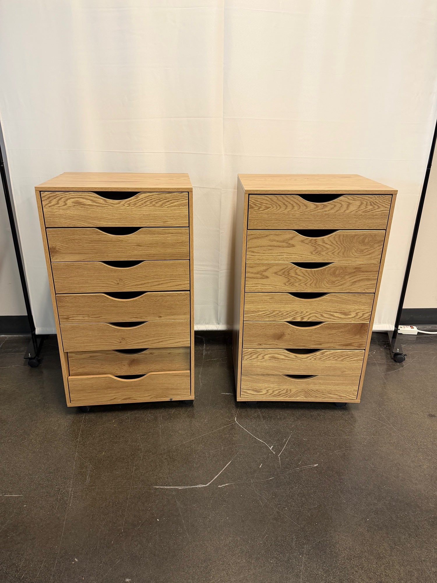Pair of Light Wood Grain Seven Drawer Mobile Storage Cabinet with Casters