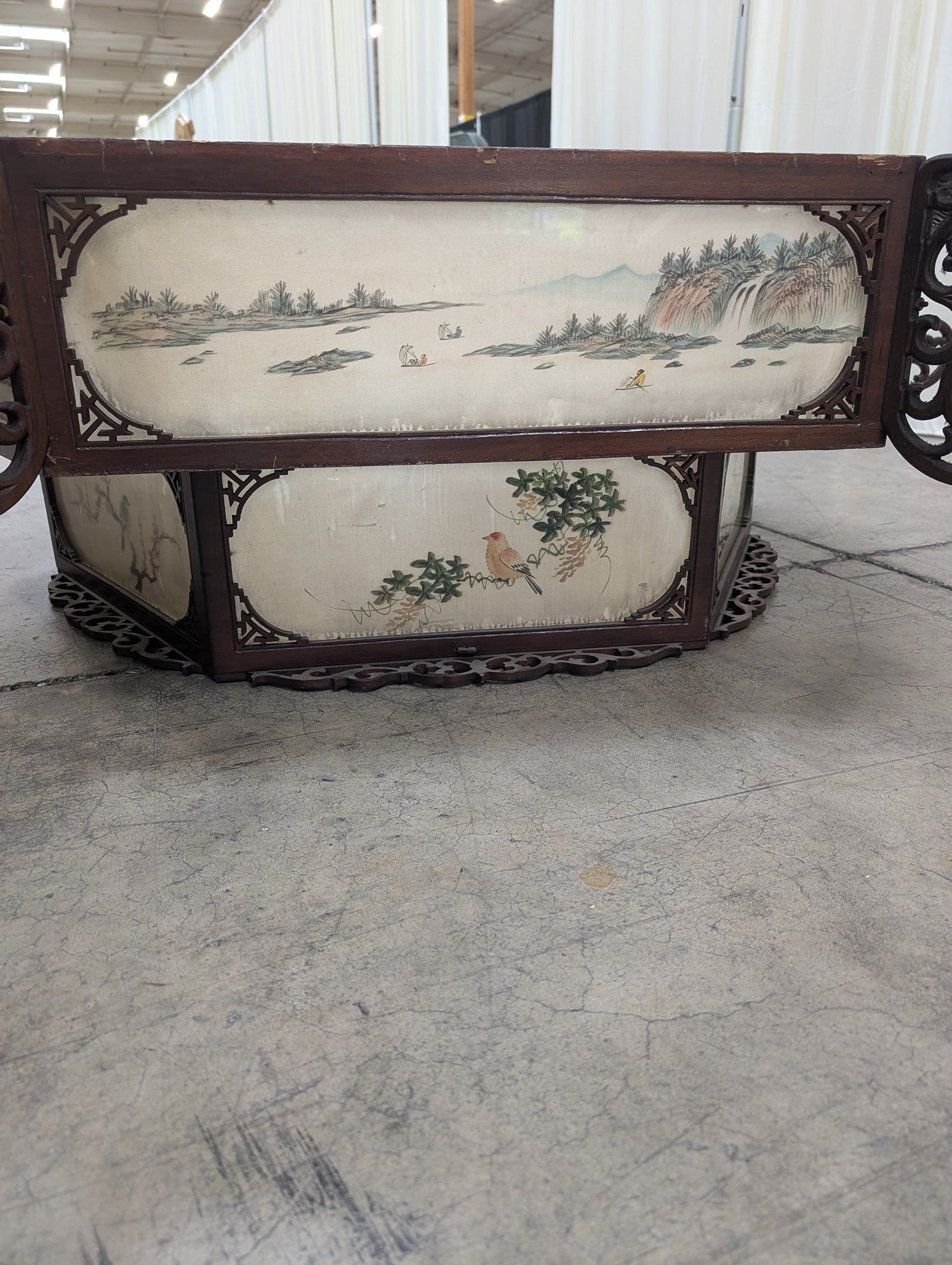 Hexagonal Dark Wood Lamp Shade with Painted Panels