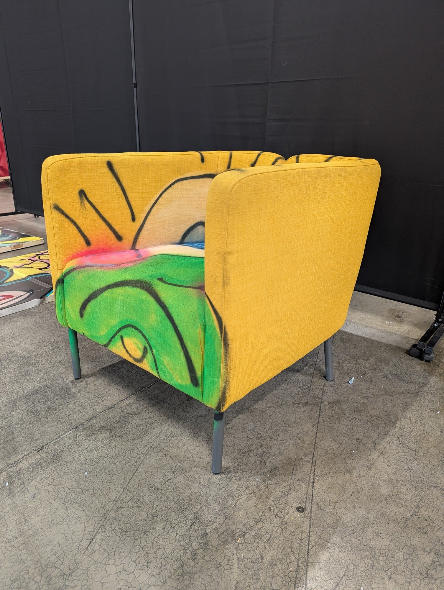 Modern Yellow Fabric Armchair with Graffiti Art