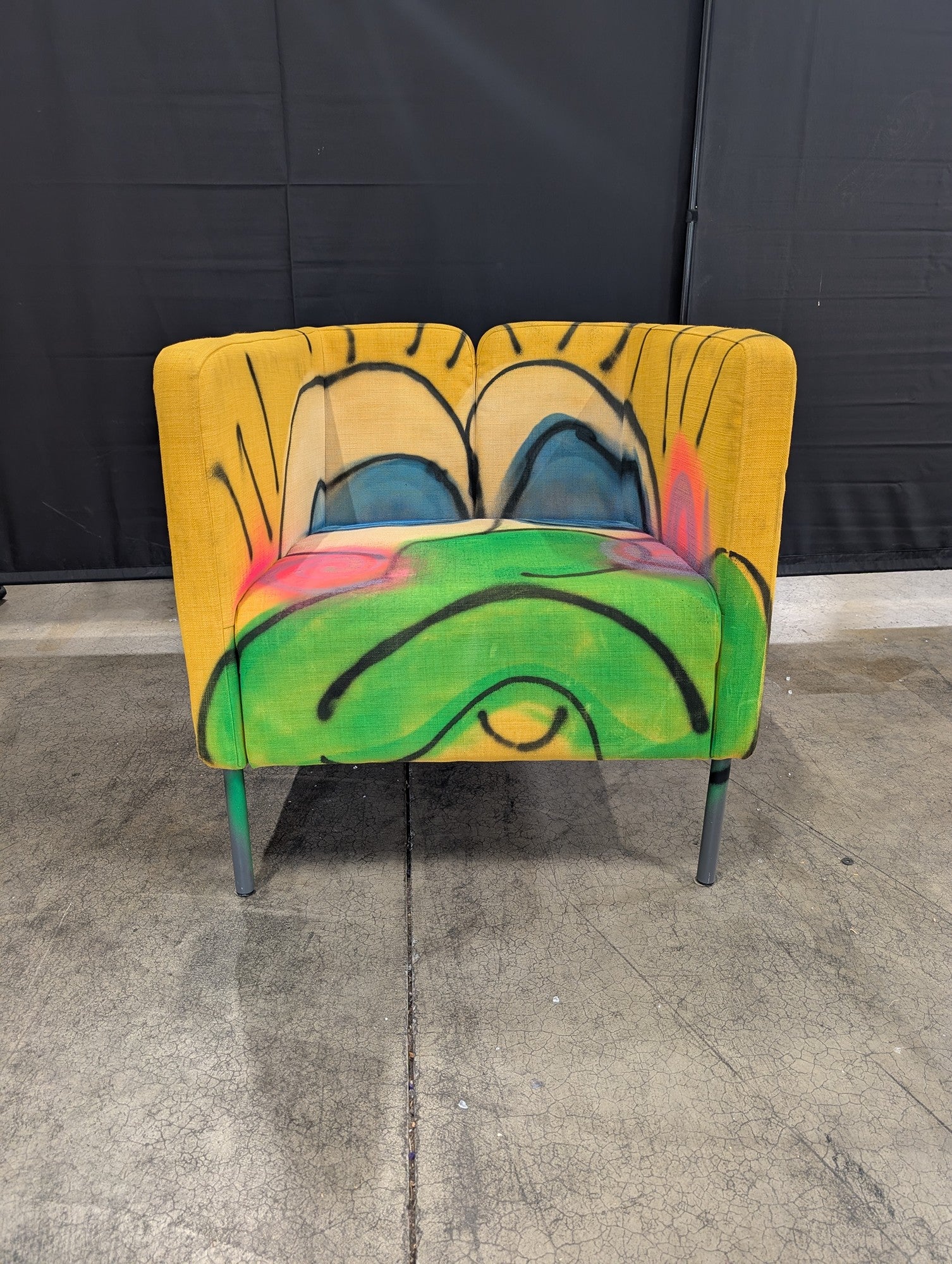 Modern Yellow Fabric Armchair with Graffiti Art