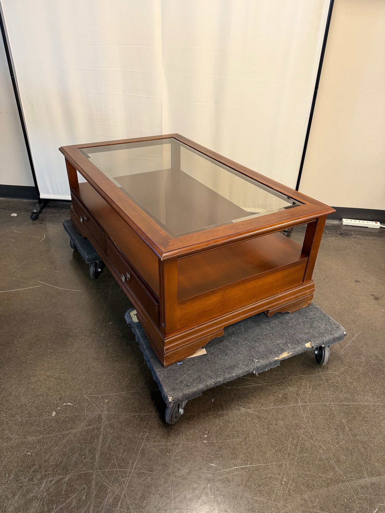 Cherry Wood Rectangular Coffee Table with Glass Top