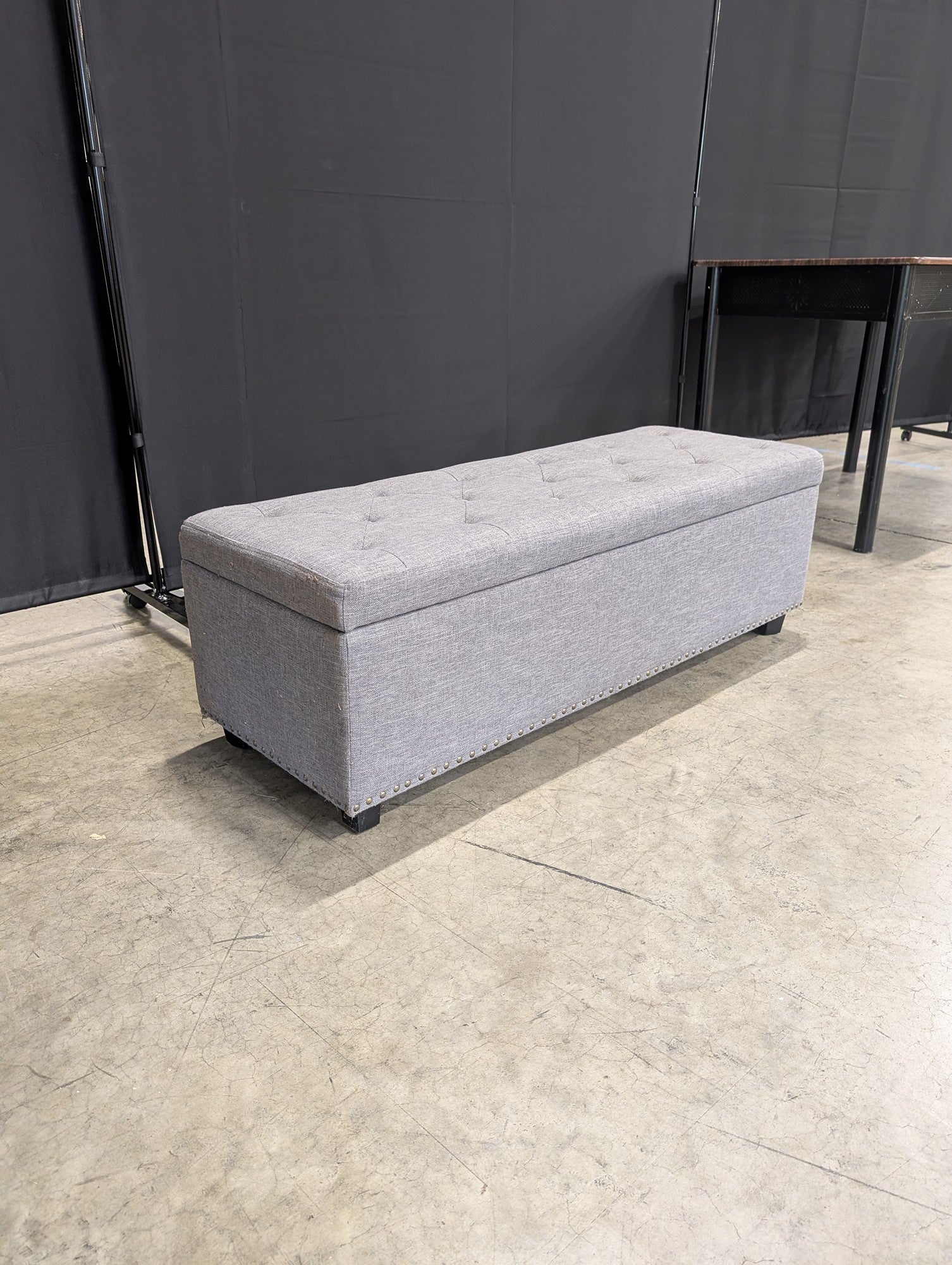 Grey Upholstered Storage Bench with Tufted Lid