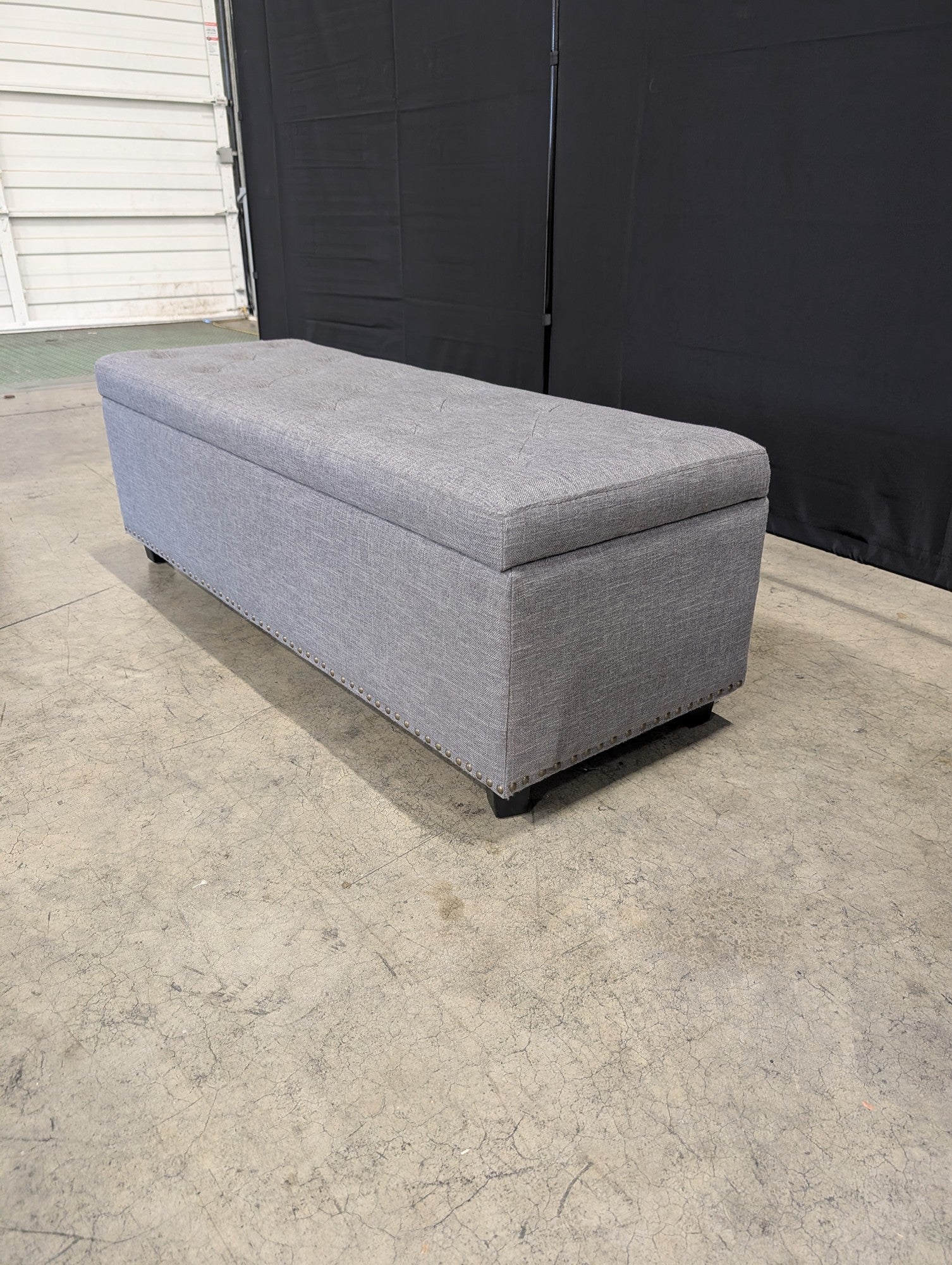 Grey Upholstered Storage Bench with Tufted Lid