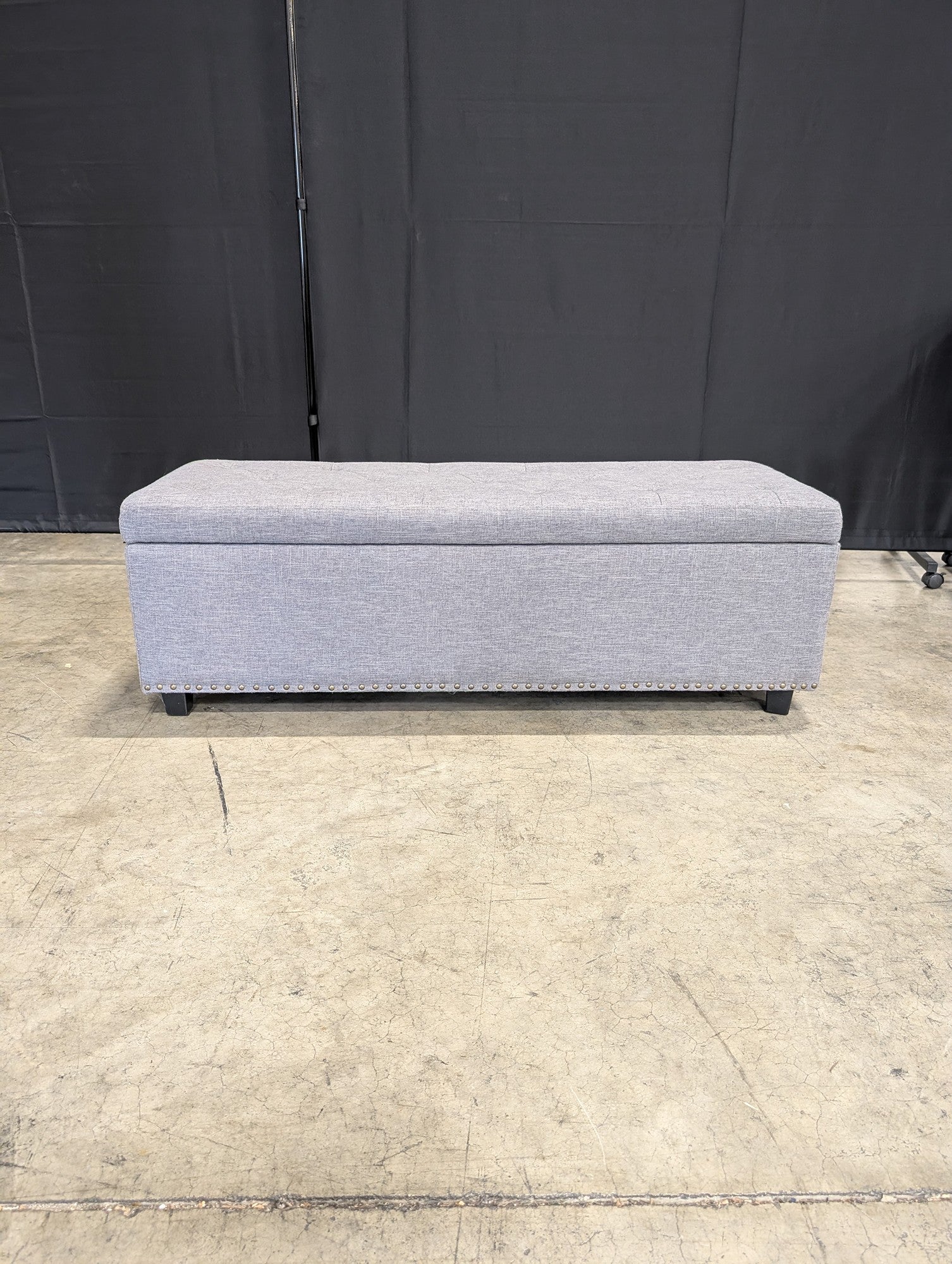 Grey Upholstered Storage Bench with Tufted Lid