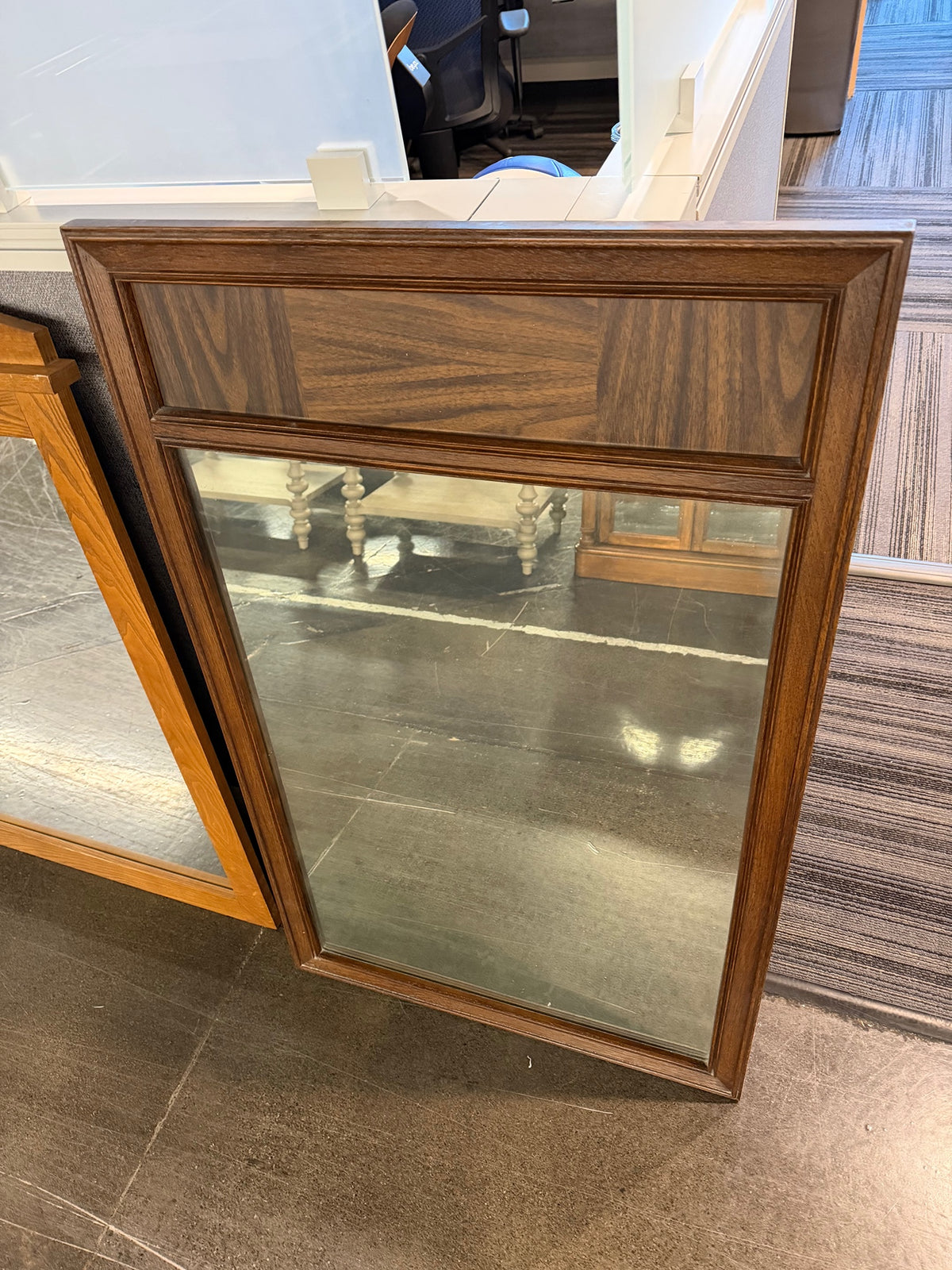 Dark Wood Rectangular Wall Mirror with Decorative Panel