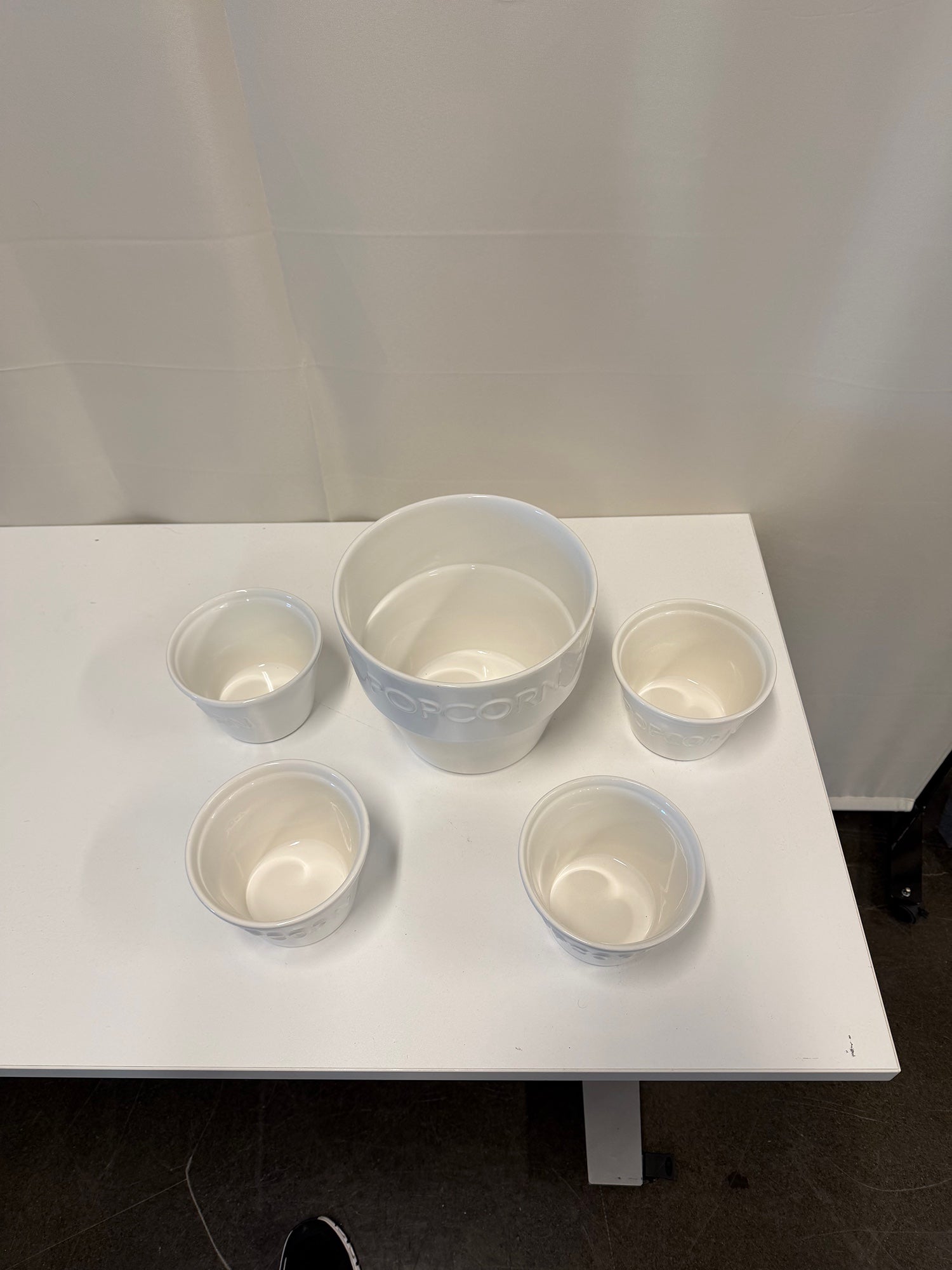 White Ceramic Popcorn Bowl Set with Embossed Lettering
