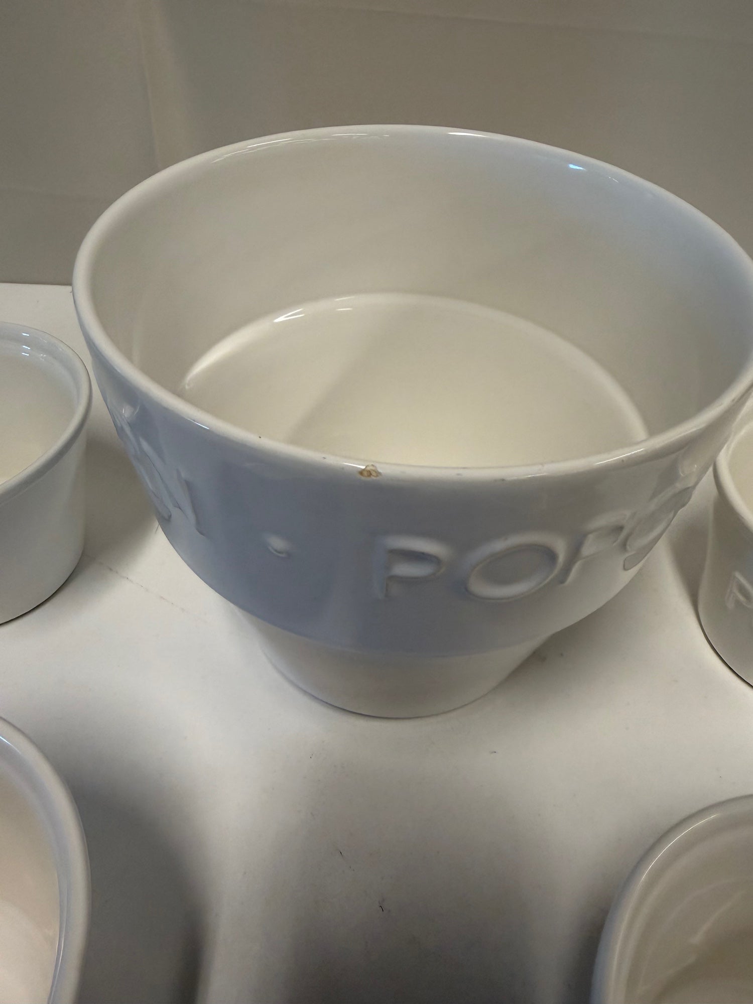 White Ceramic Popcorn Bowl Set with Embossed Lettering