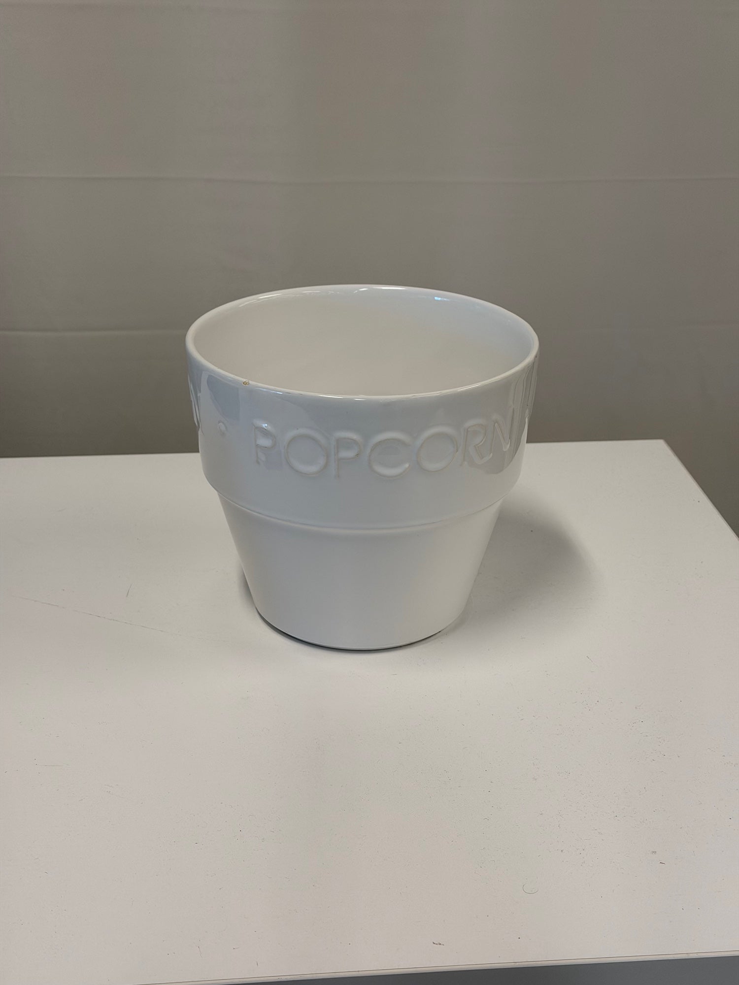 White Ceramic Popcorn Bowl Set with Embossed Lettering