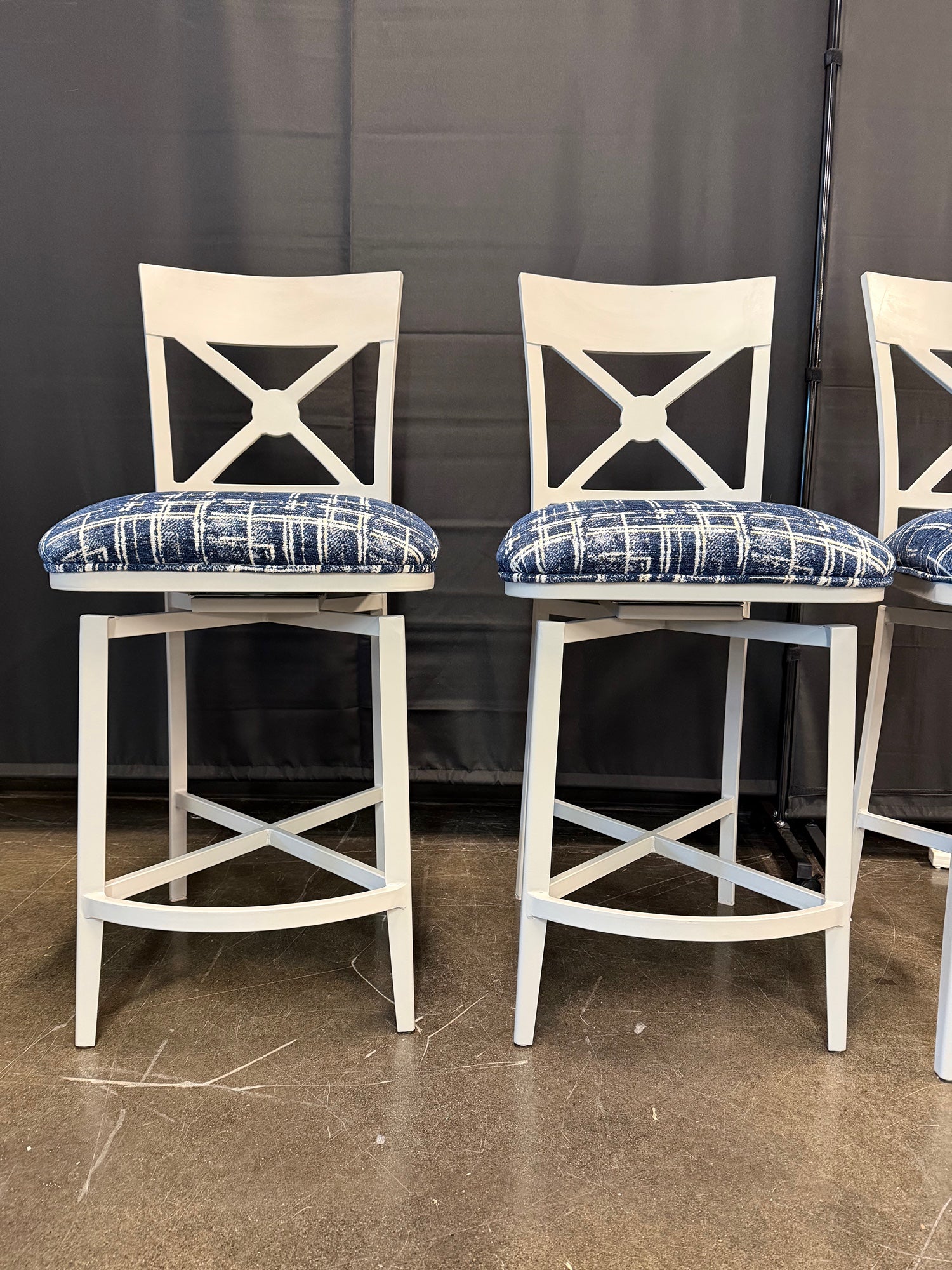 Set of Three White X-Back Swivel Bar Stools with Blue Plaid Upholstery | Farmhouse Style