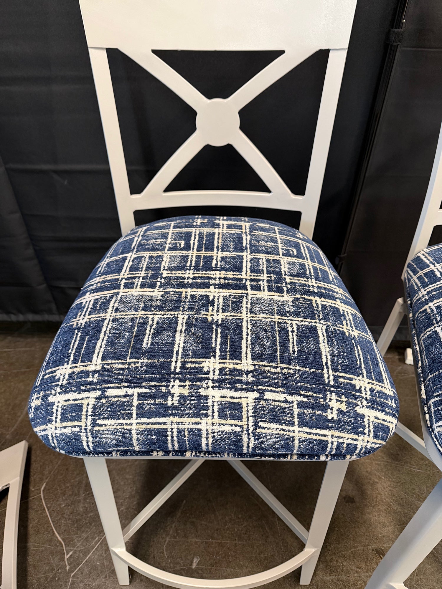 Set of Three White X-Back Swivel Bar Stools with Blue Plaid Upholstery | Farmhouse Style